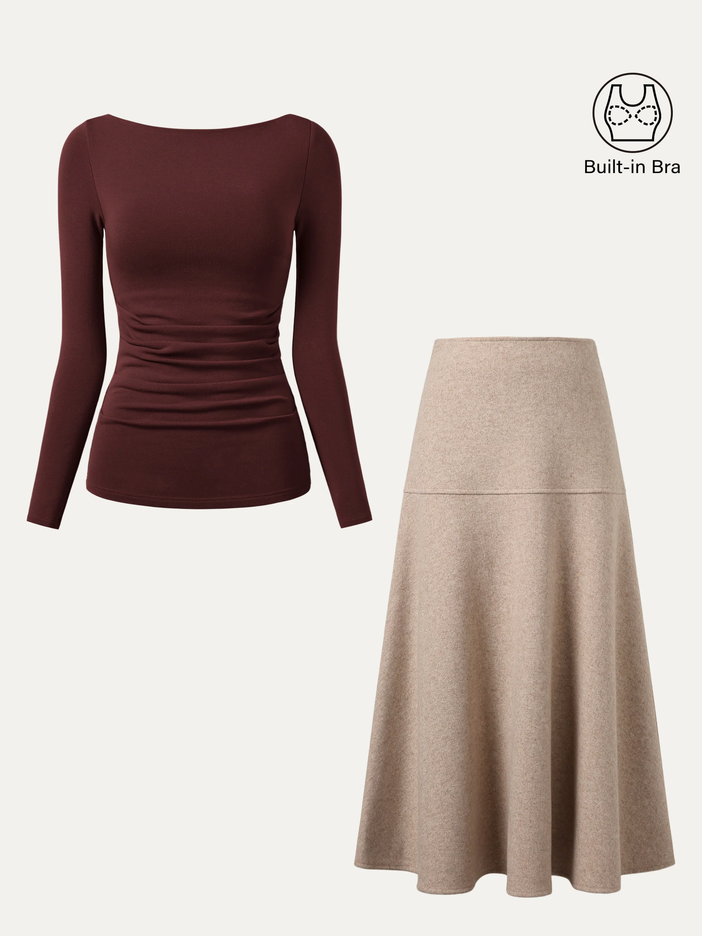2-Piece Set: Boatneck Tucked Bra Top & Flared Maxi Skirt