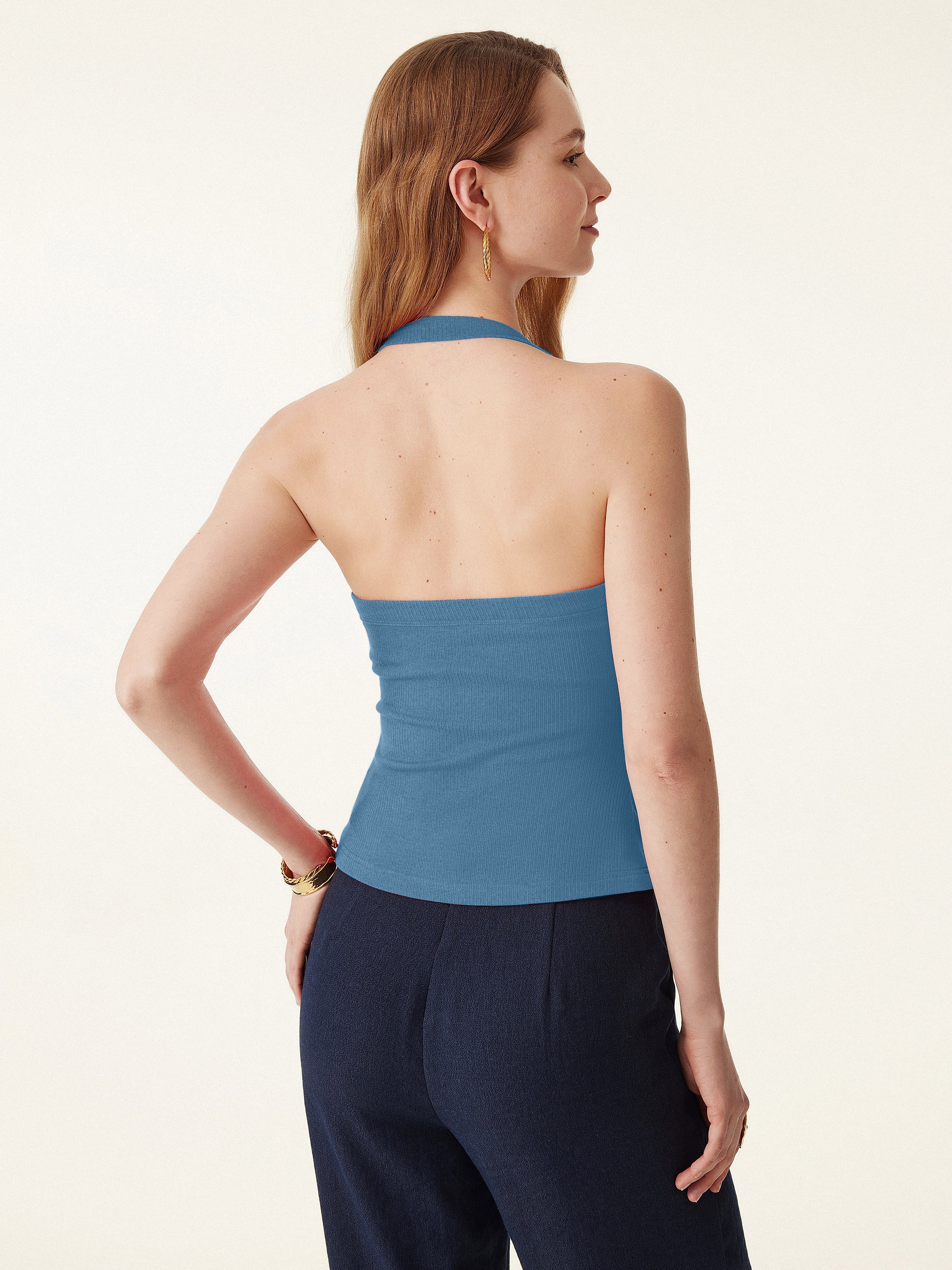 Halter Neck Side Ruched Ribbed Tank Top