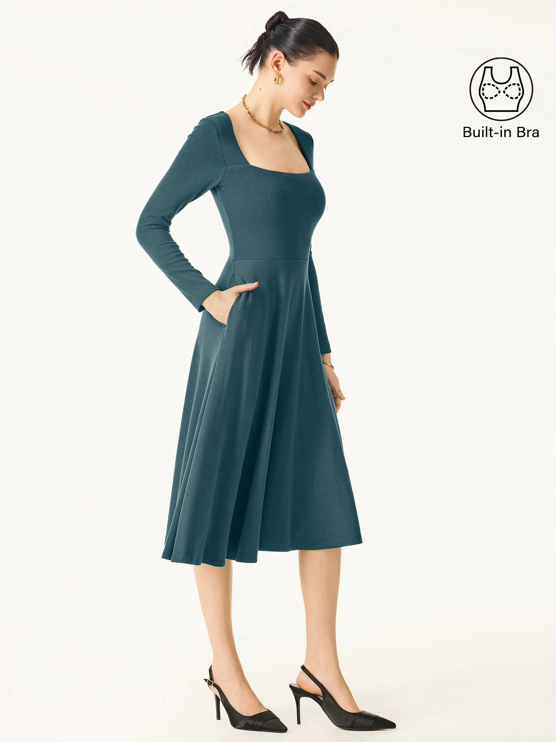 Essential Square Neck Long Sleeve Fit-and-Flare Brami Midi Dress with Pockets