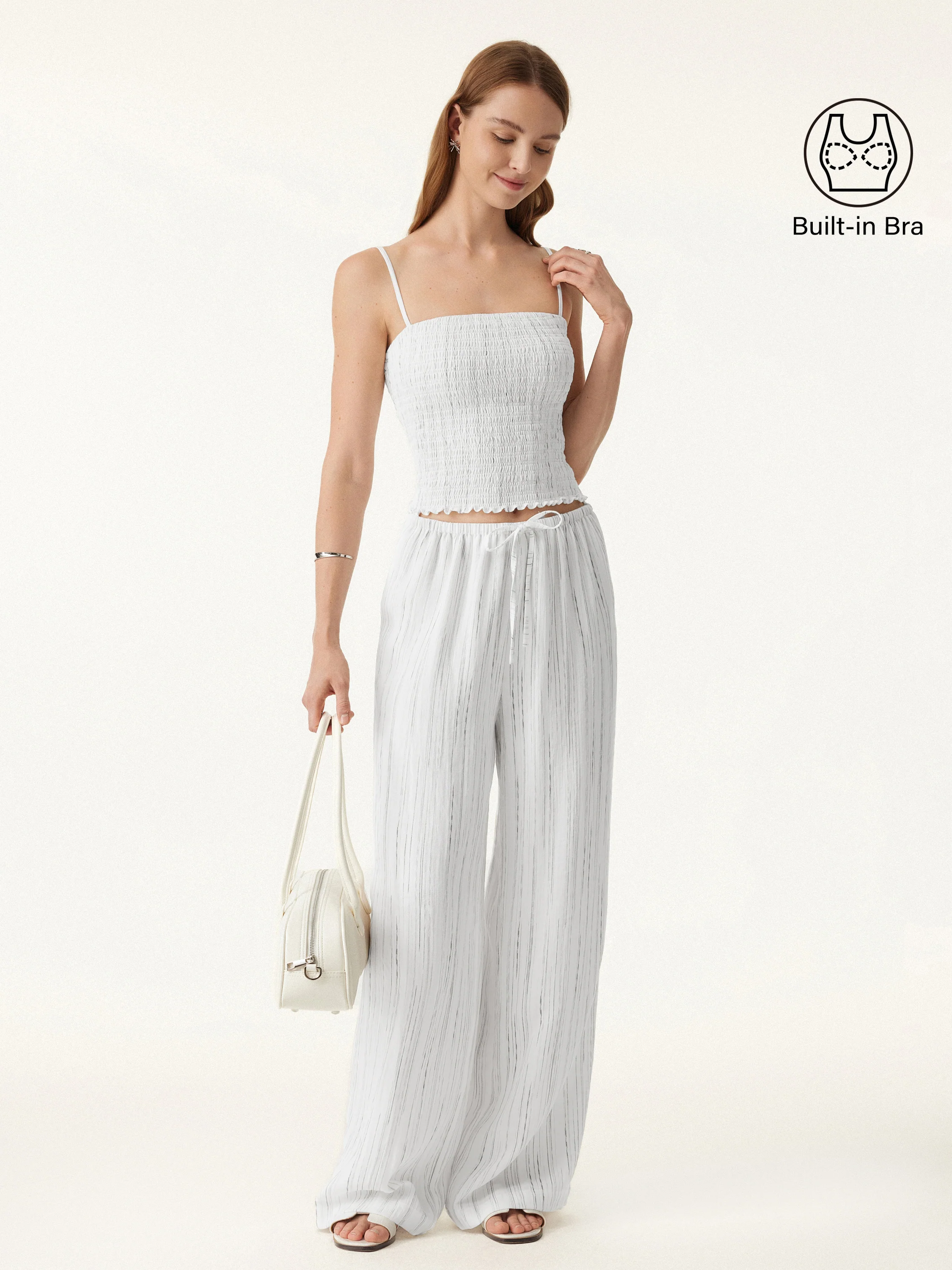 2Pcs Set Striped Adjustable Spaghetti Brami &  Striped Wide Leg Pants with Pockets