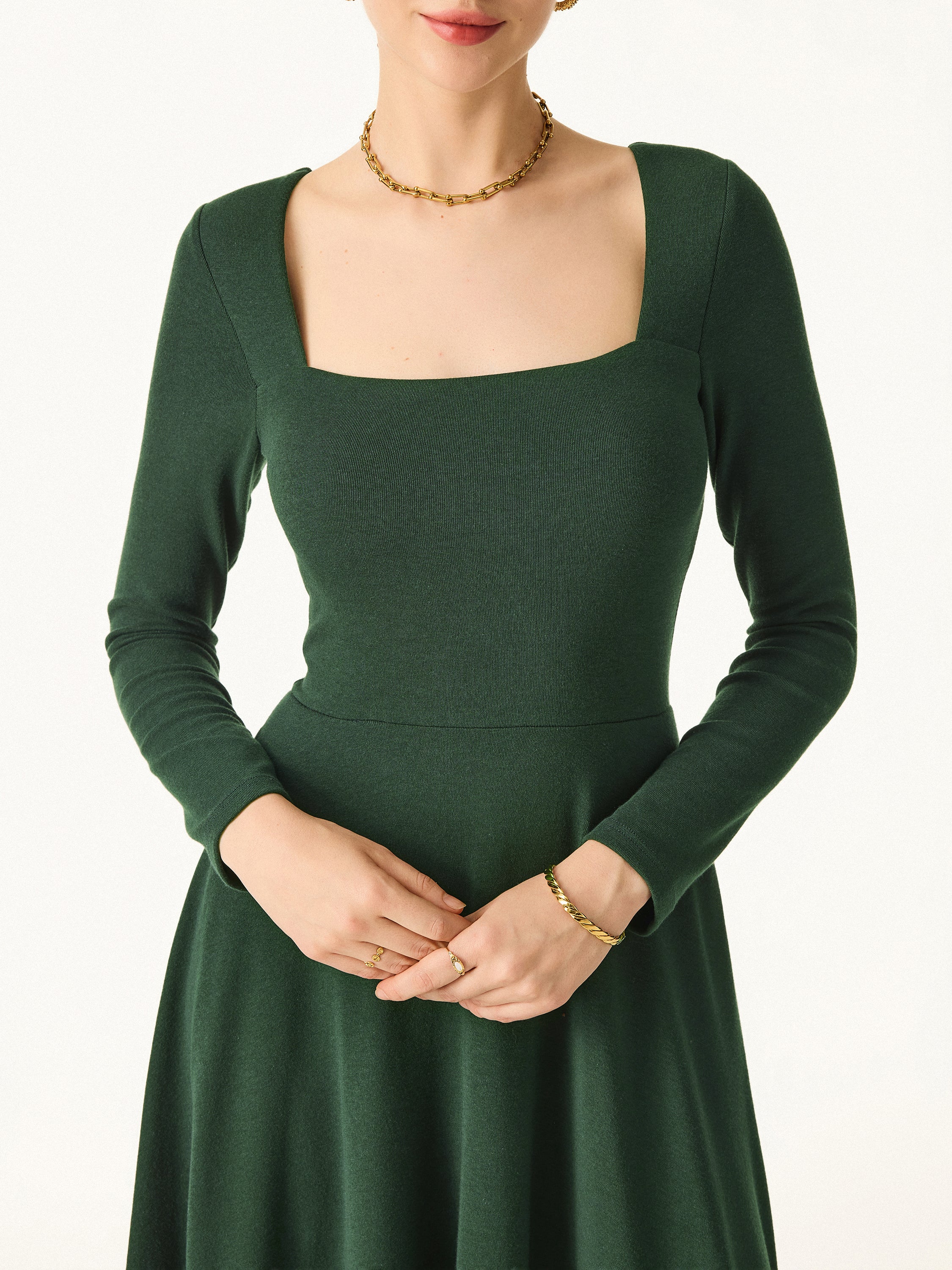 Essential Square Neck Long Sleeve Fit-and-Flare Brami Midi Dress with Pockets