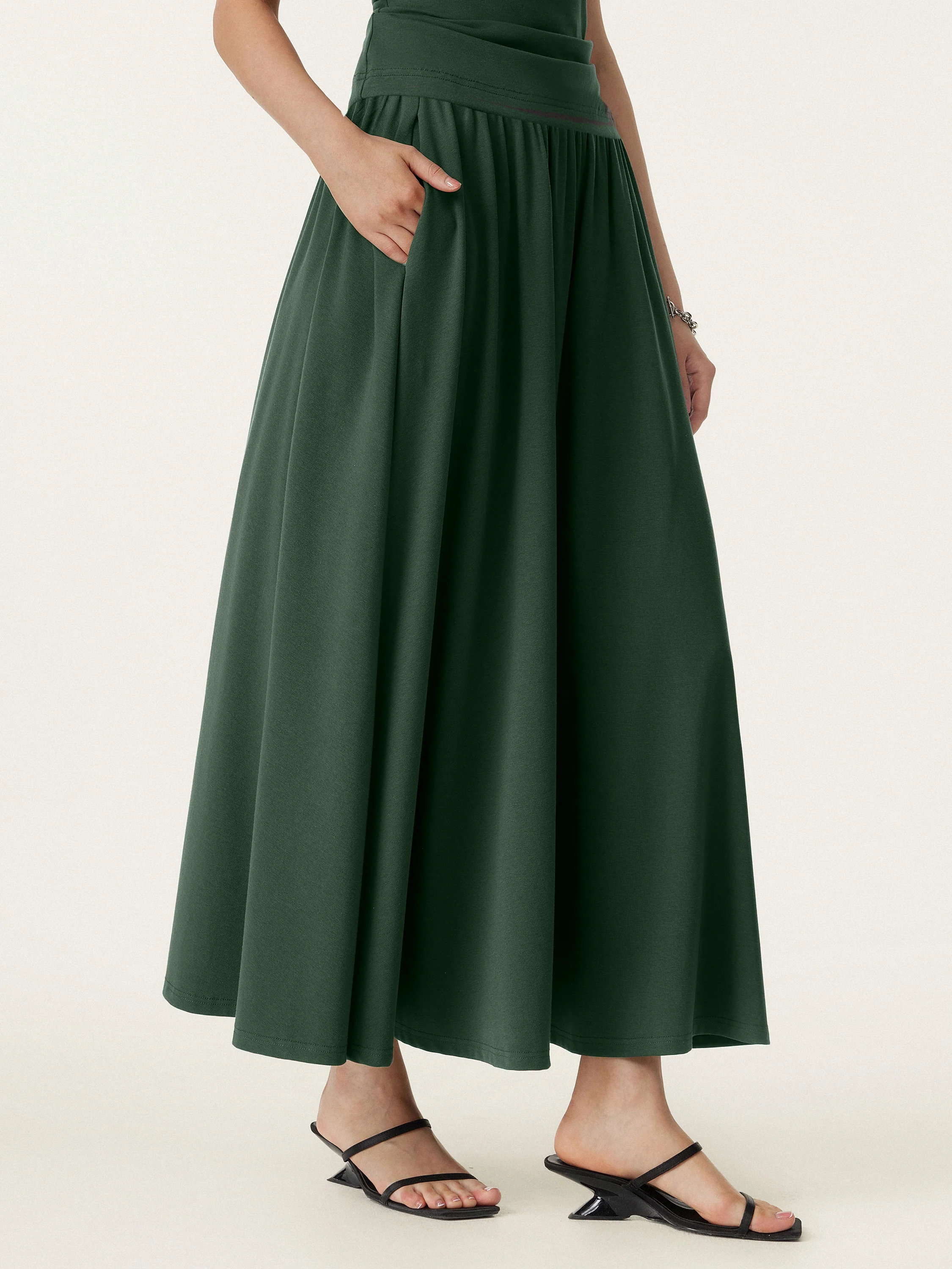 Stretch Cotton Maxi Umbrella Skirt with Pockets