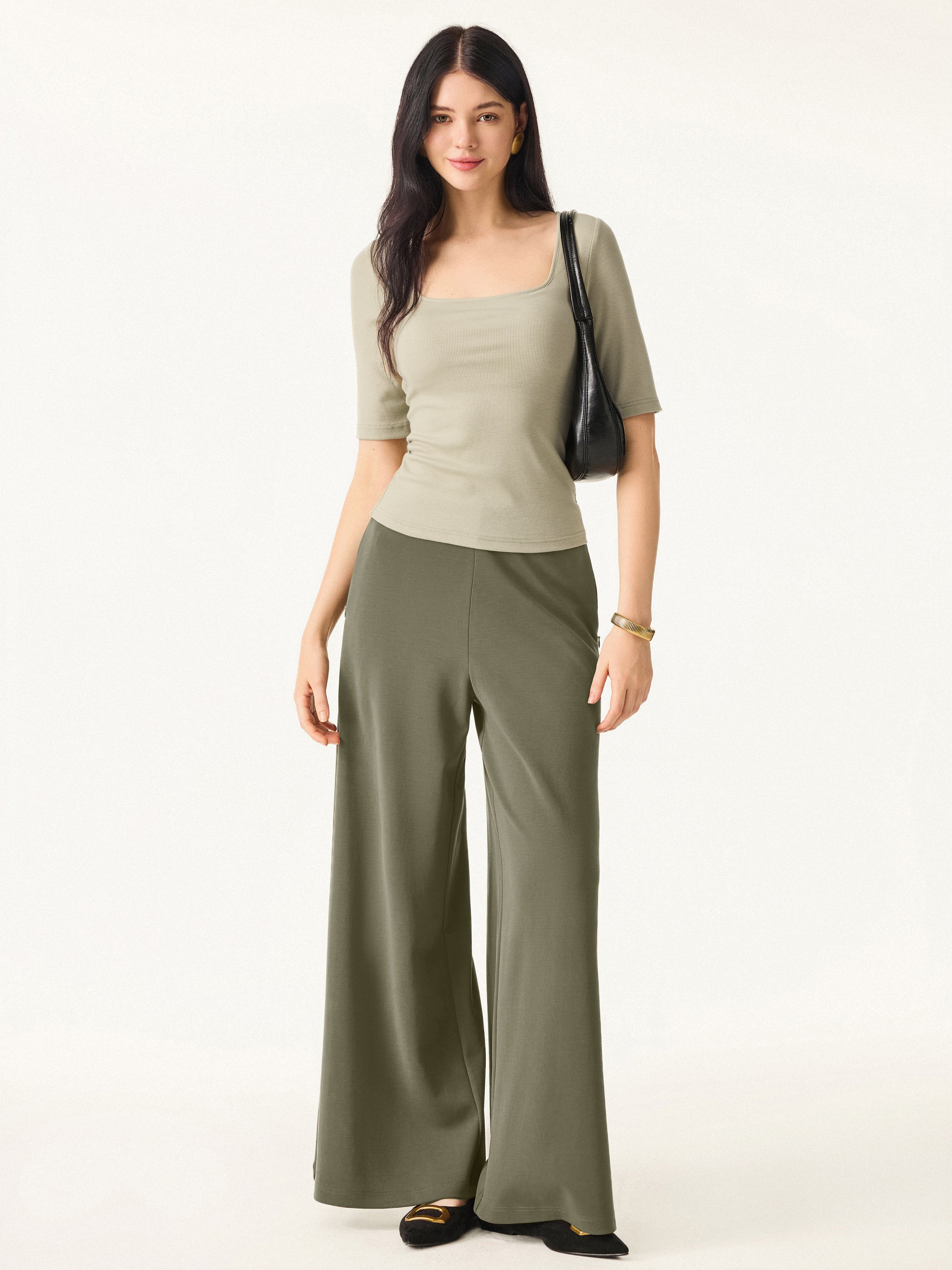 Wrinkle-Resistant Mid Rise Wide Leg Pull-on Pants with Pockets