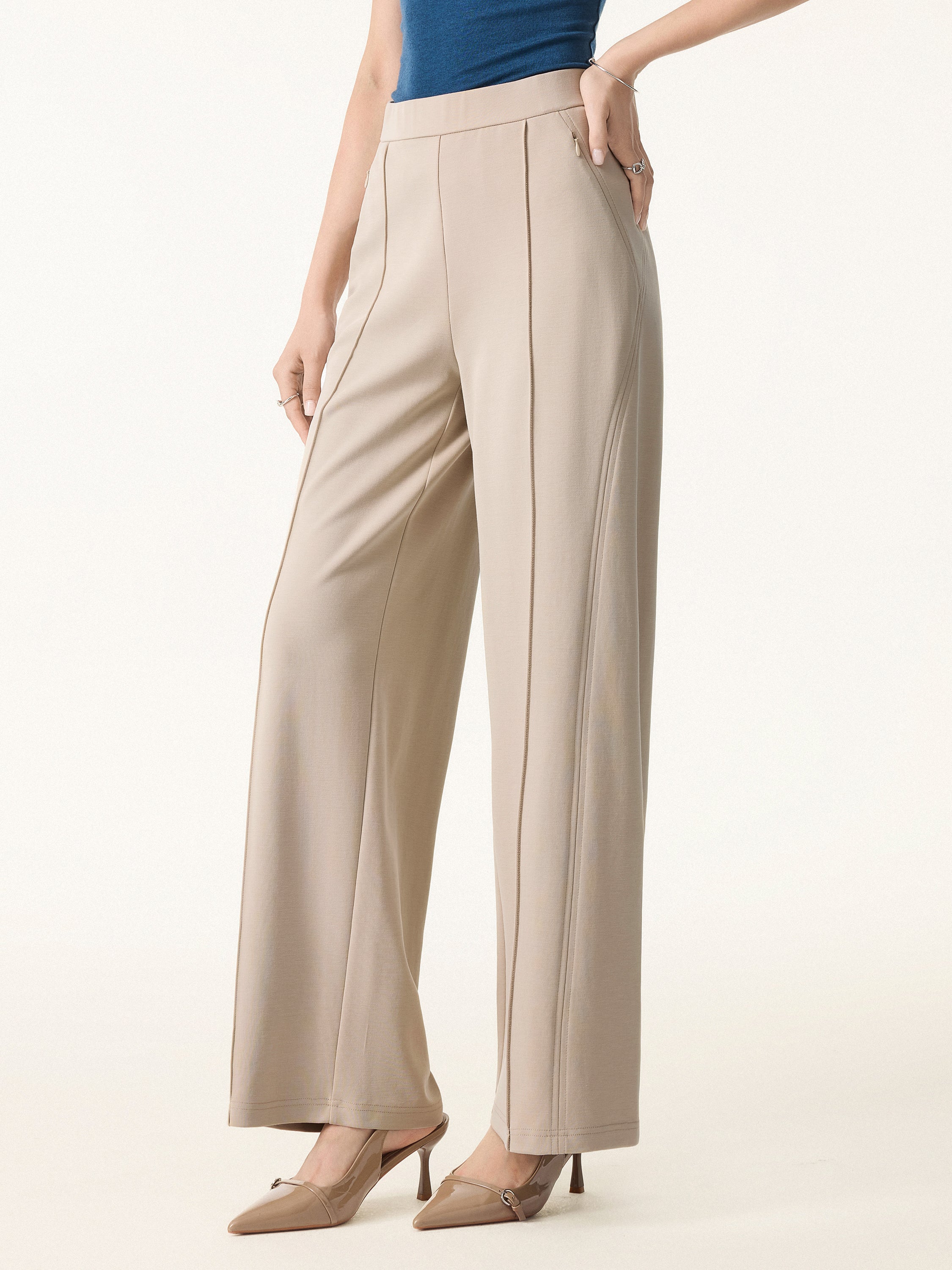 Wrinkle-Resistant Mid Rise Wide Leg Pants with Pockets