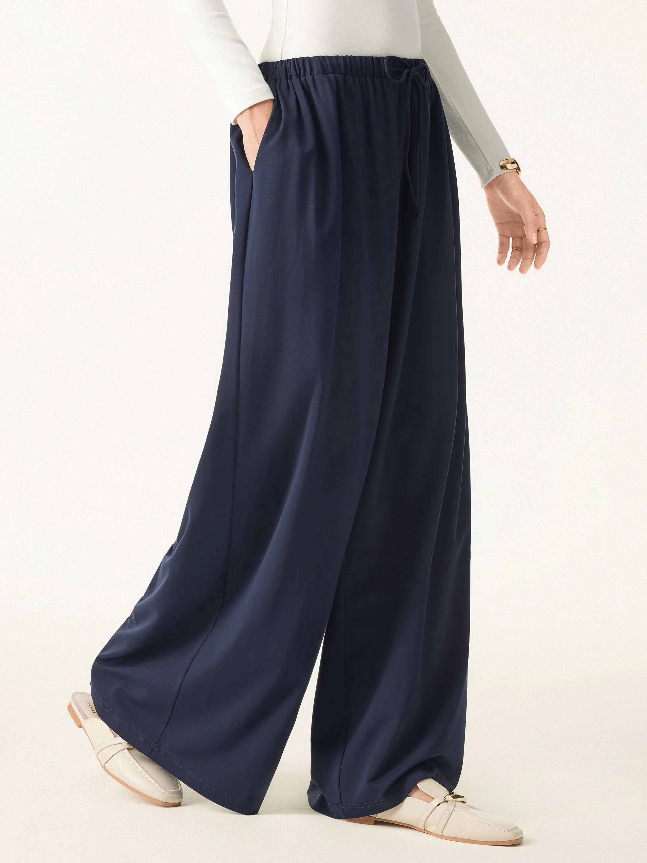Stretch Ponte Mid Rise Palazzo Pants with Pockets