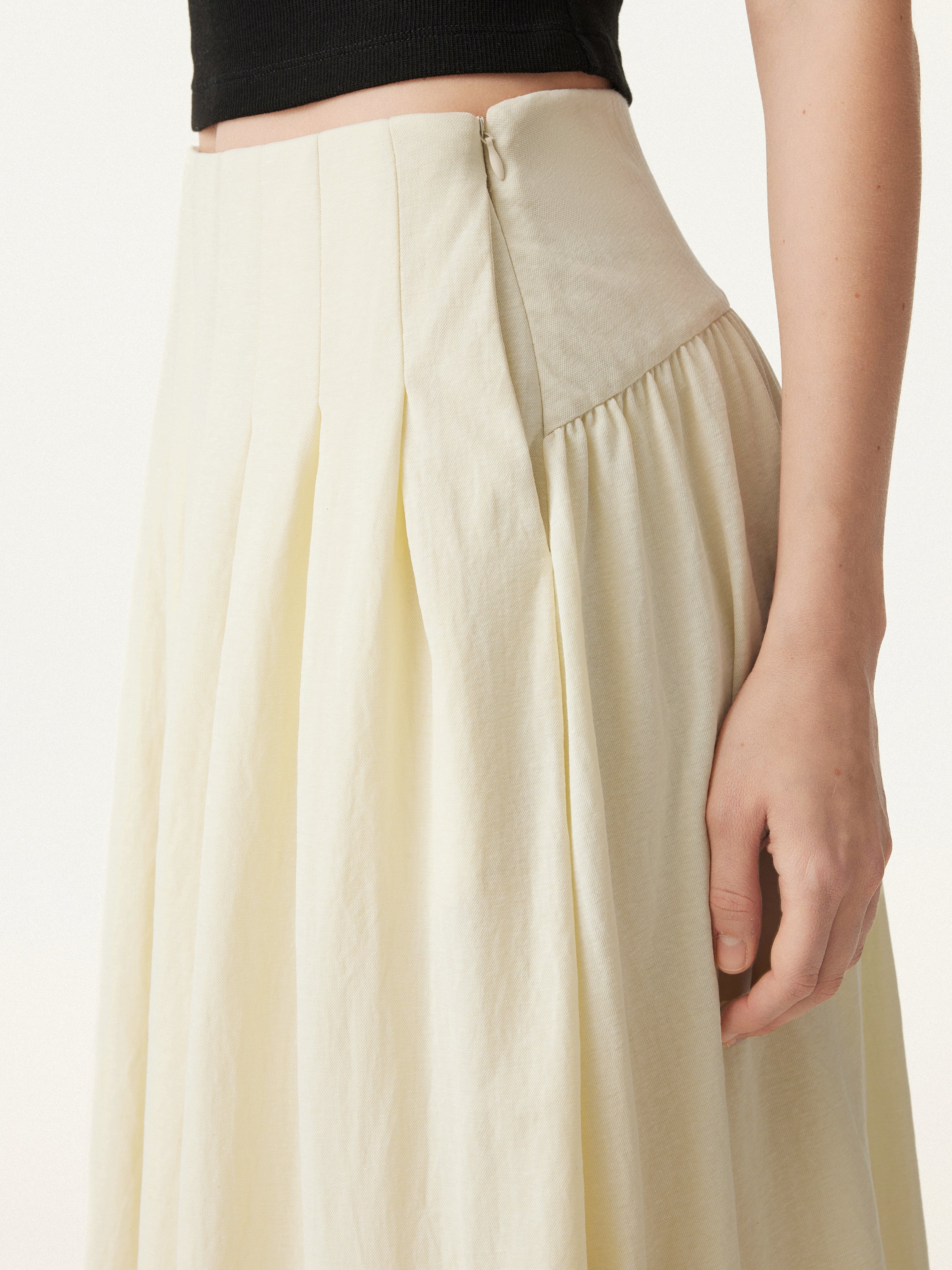Wrinkle-resistant Cotton-linen Mid-rise Pleated Midi Skirt