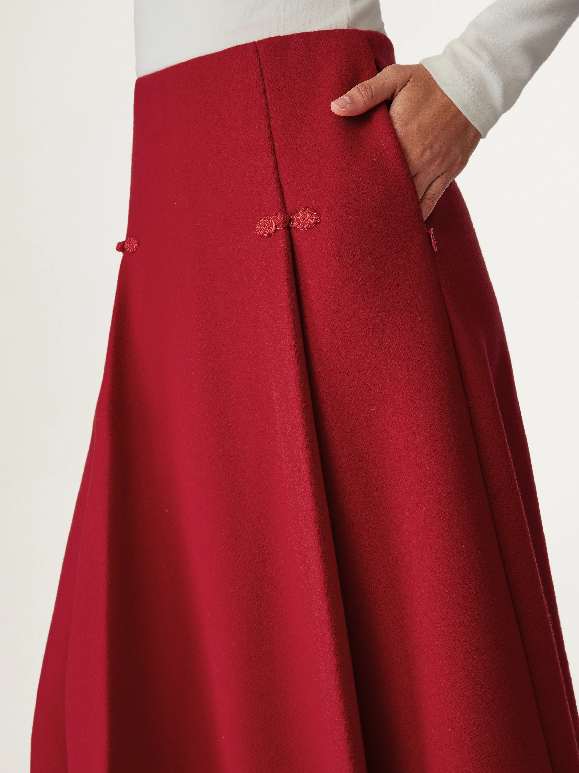 Wool-like Frog Button A-Line Midi Skirt