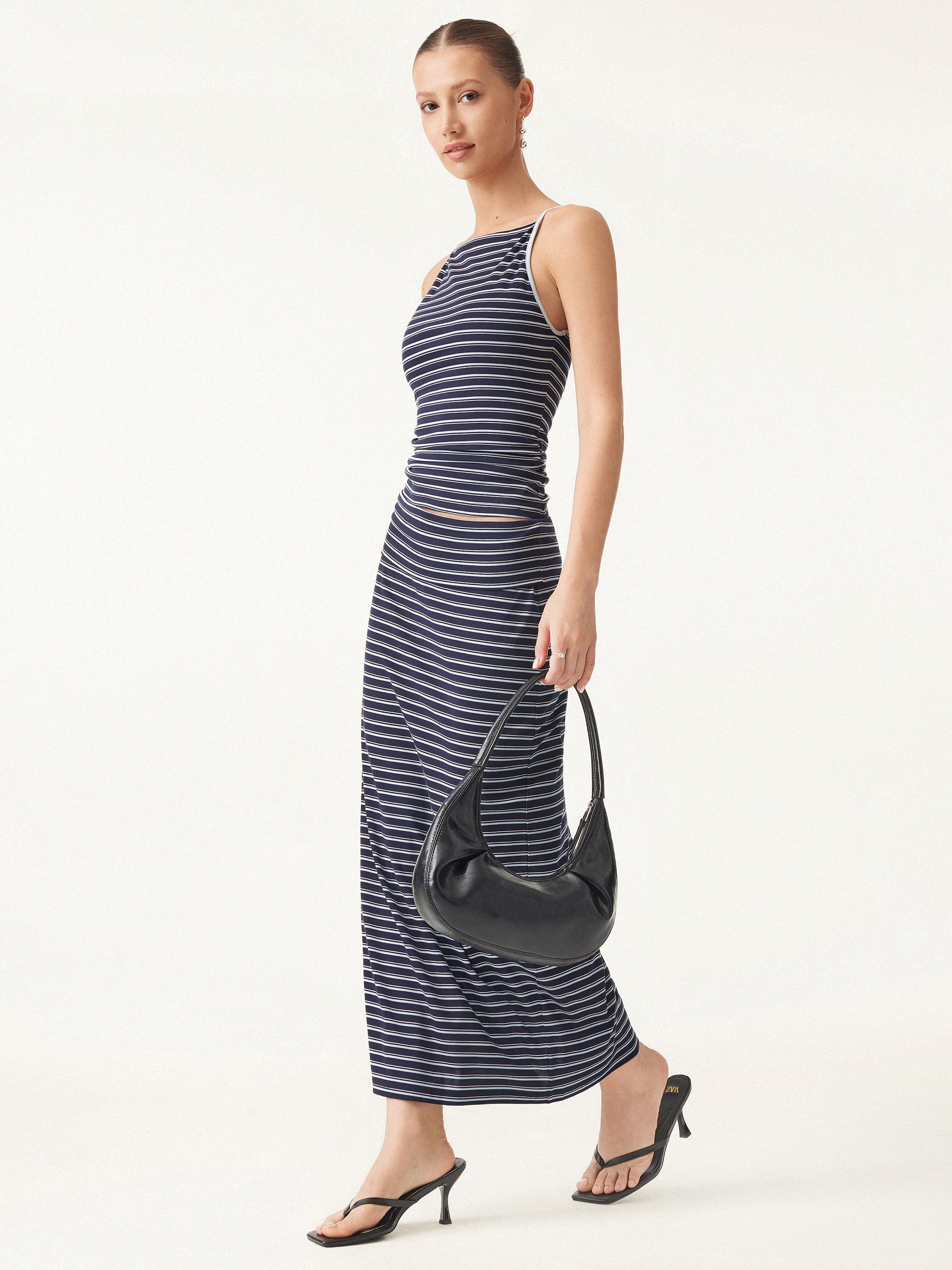 2-Piece Set of Striped Spaghetti Tops & Low-Rise Striped Midi Skirt