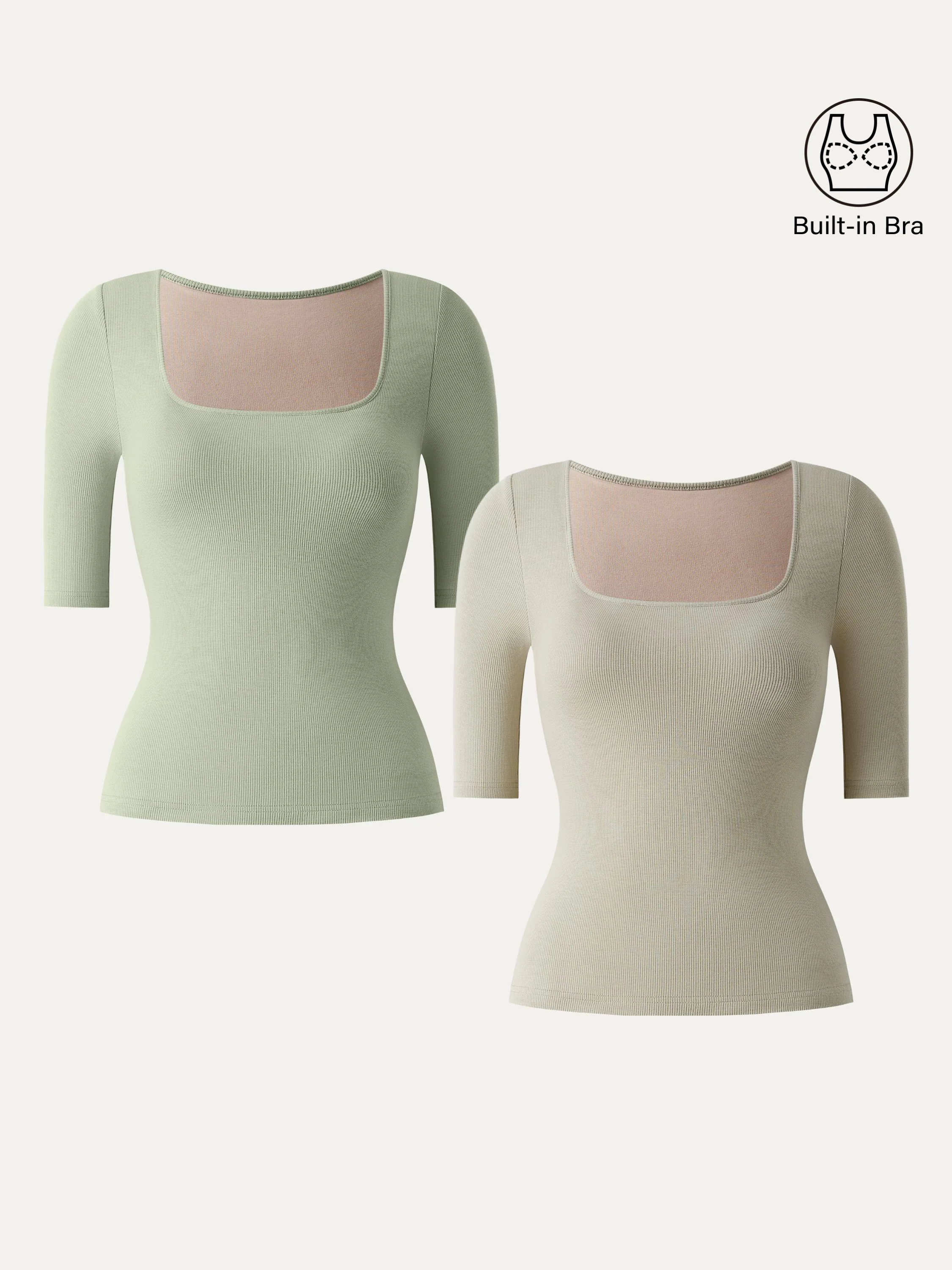 Essential Stretch Cotton Square Neck Elbow Length Sleeve Brami