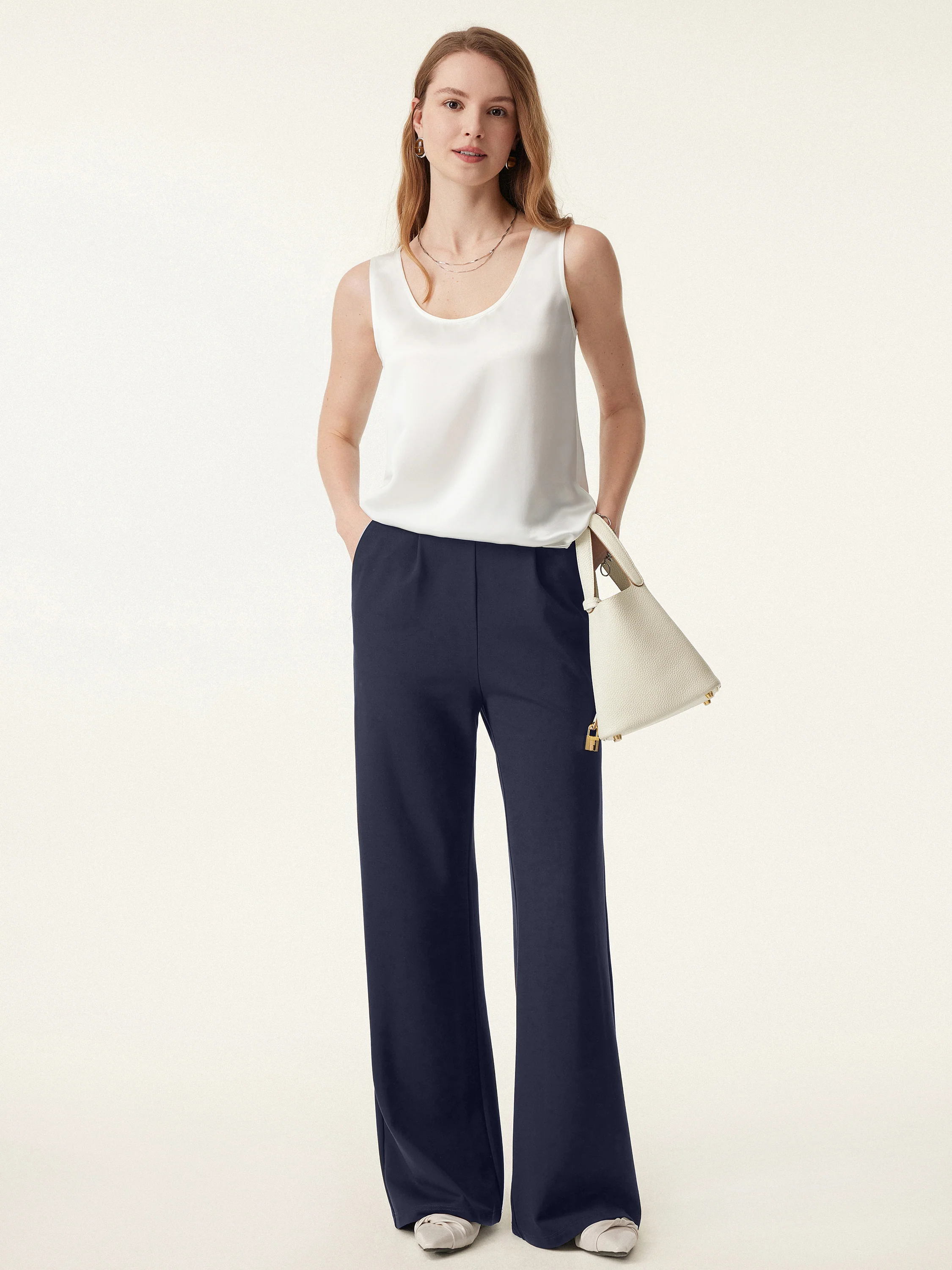 High Rise Pull-on Wide Leg Pants with Adjustable Bar