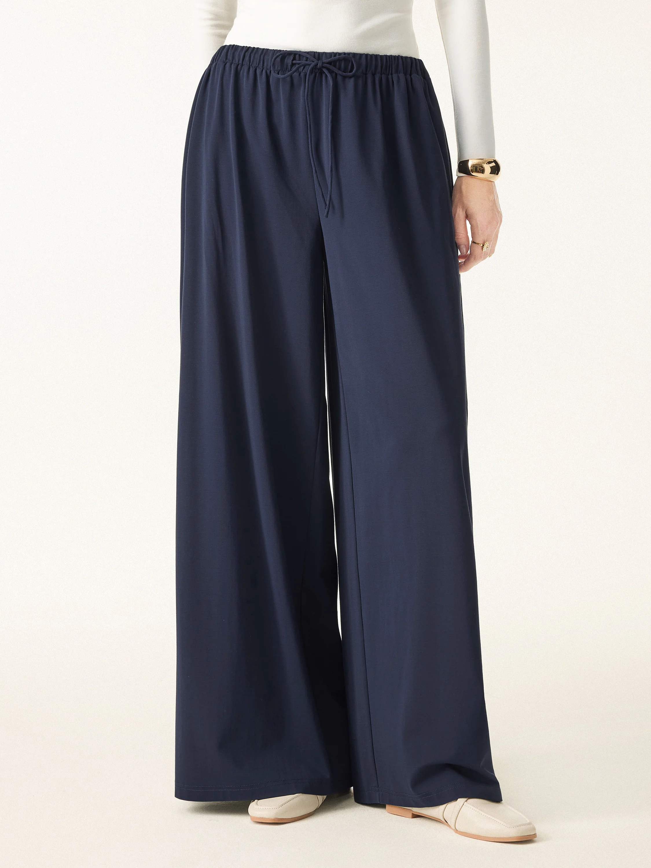 Stretch Ponte Mid Rise Palazzo Pants with Pockets