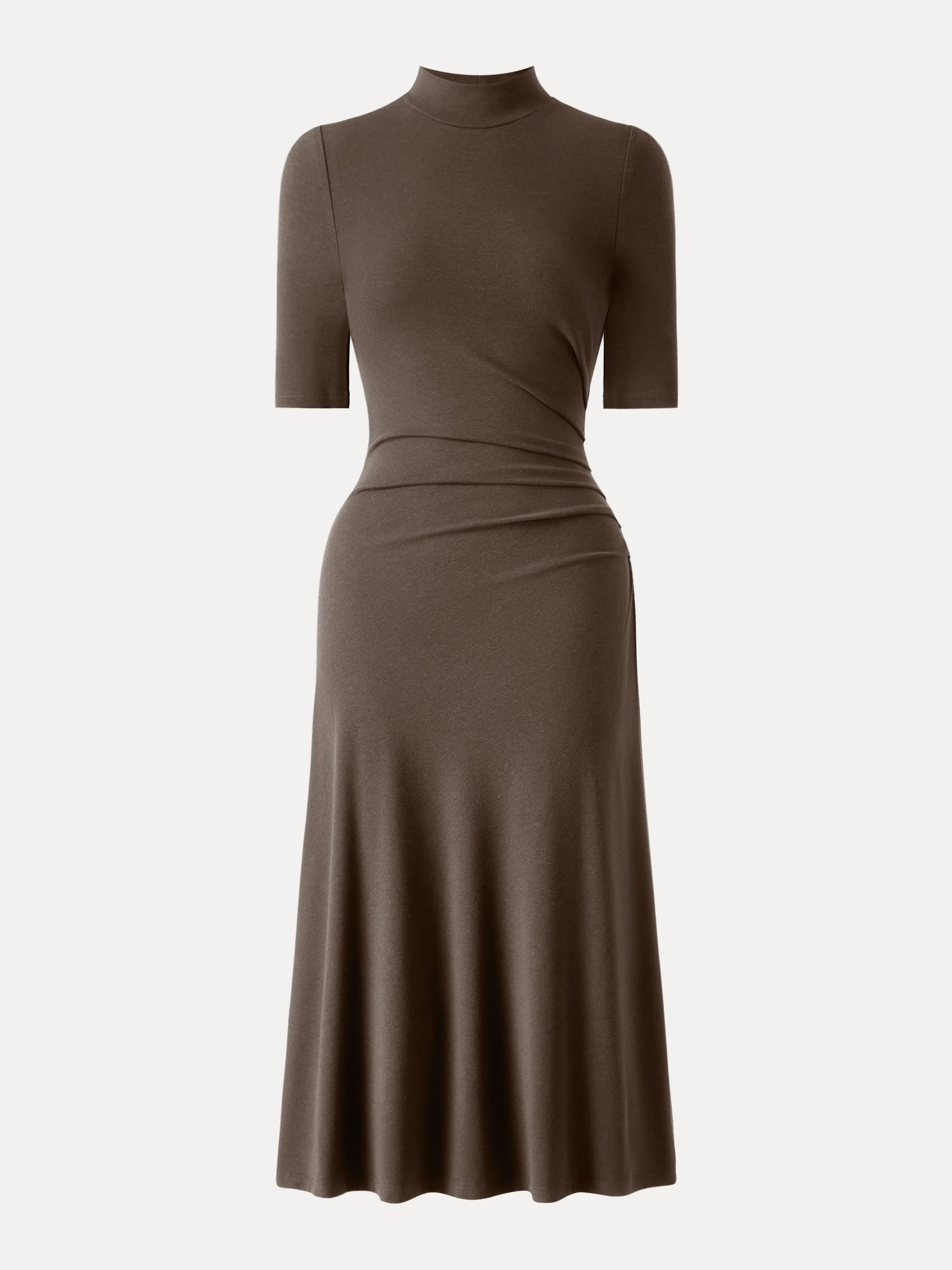 Mock Neck Elbow-Length Sleeve Tucked Mid-Length Dress