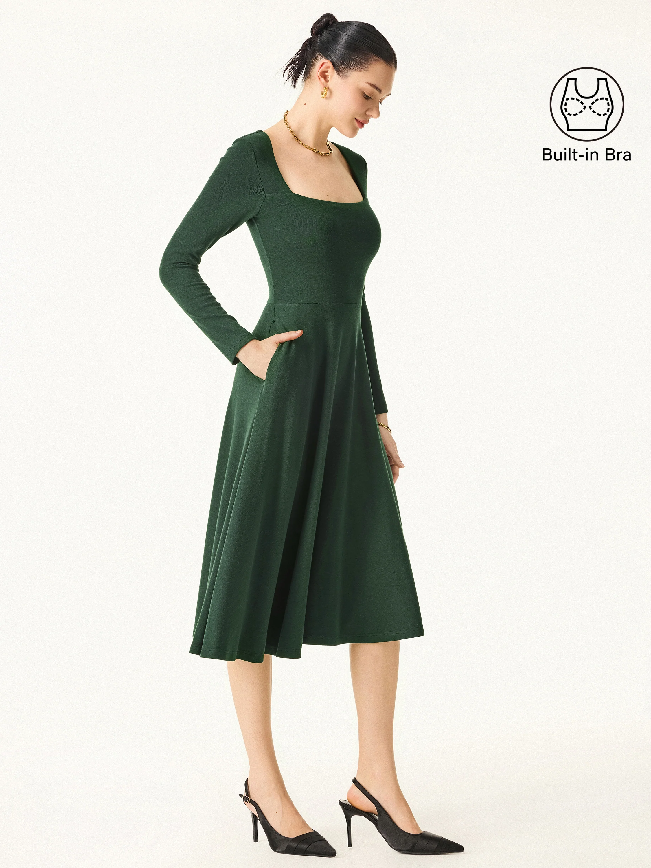 Essential Square Neck Long Sleeve Fit-and-Flare Brami Midi Dress with Pockets