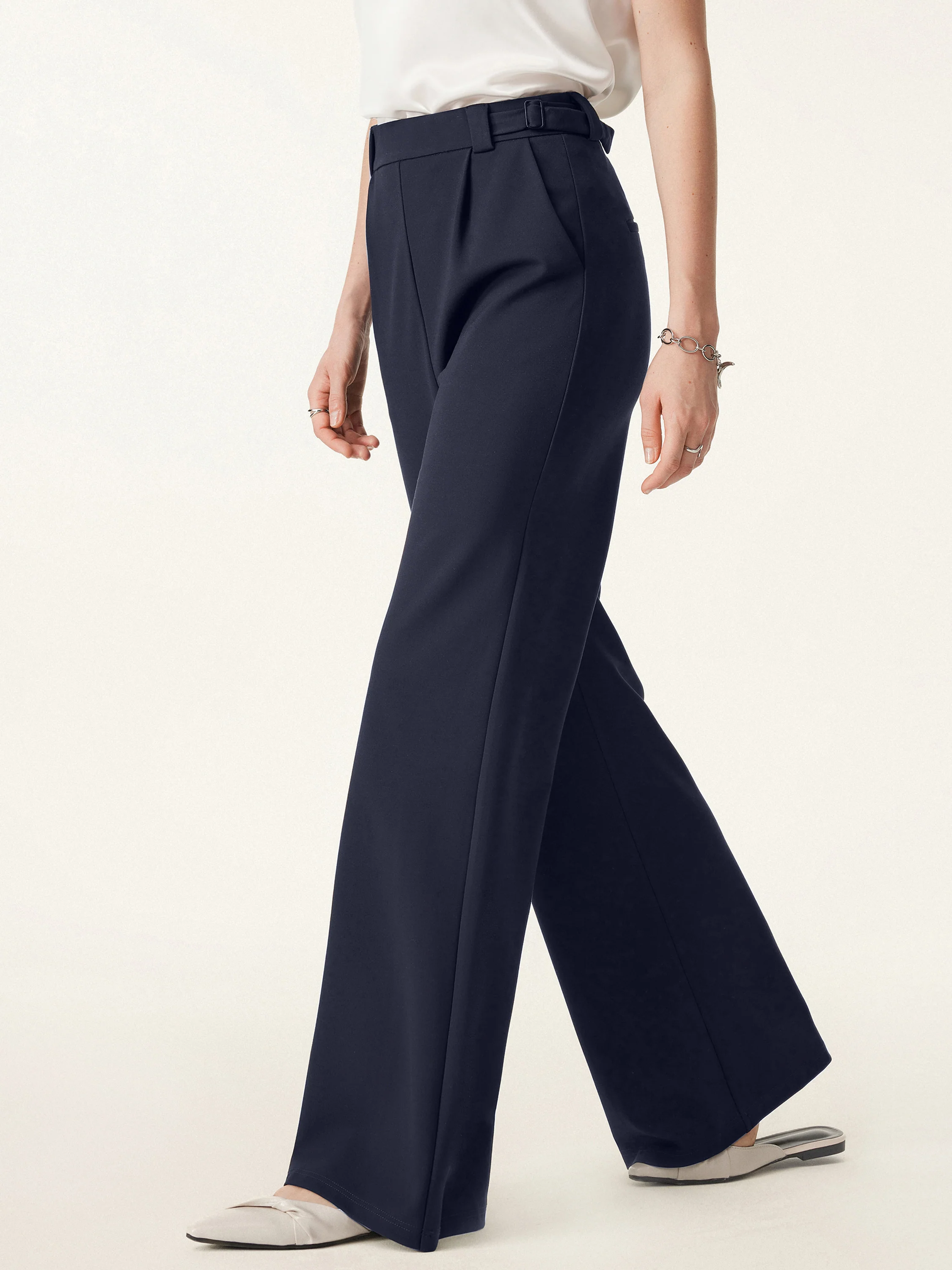 High Rise Pull-on Wide Leg Pants with Adjustable Bar