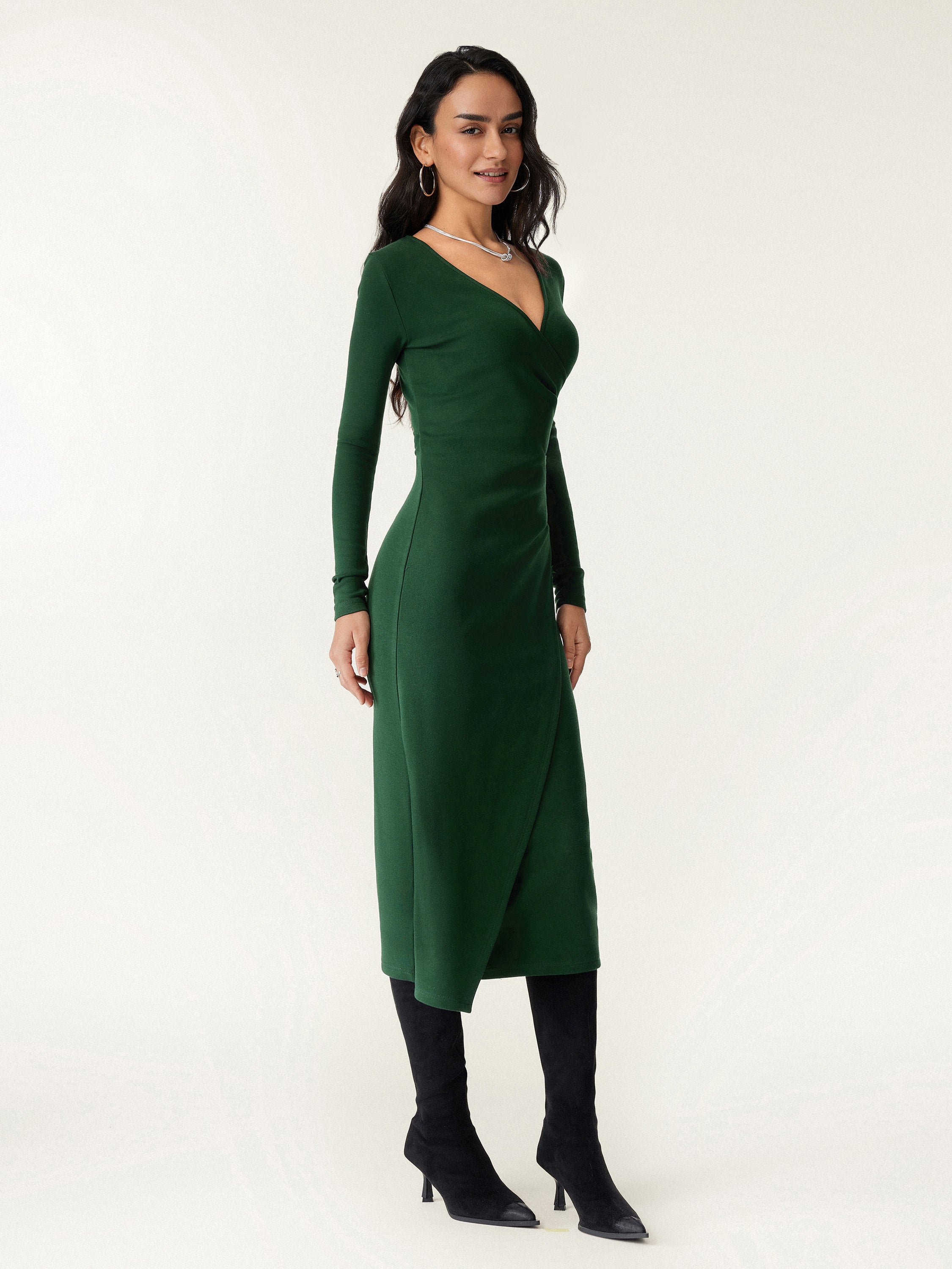 Surplice Wrap Long-Sleeved Dress