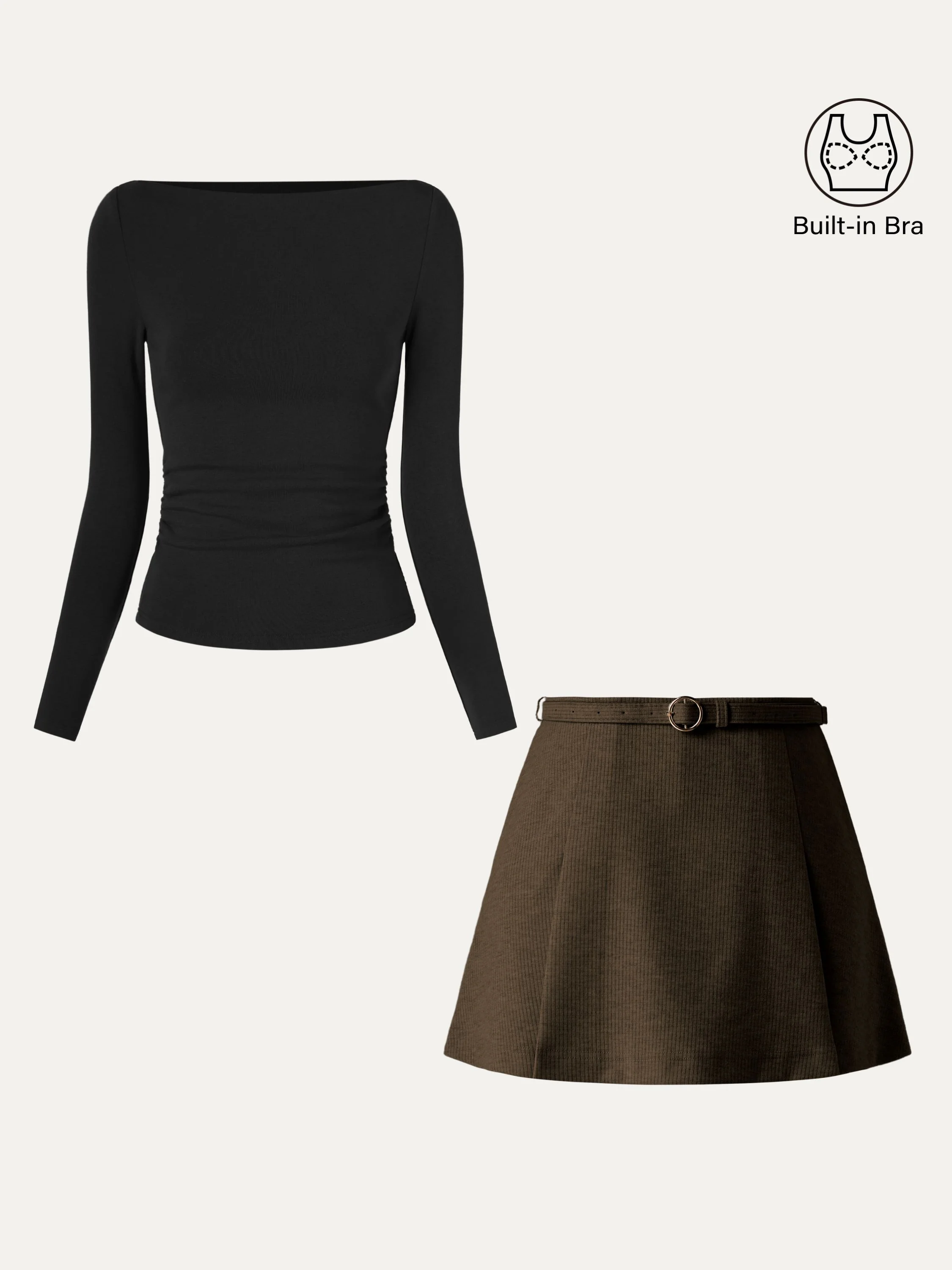 2Pcs Set Side Ruched Boatneck Brami Top & Belted Mini Skirt With Shorts