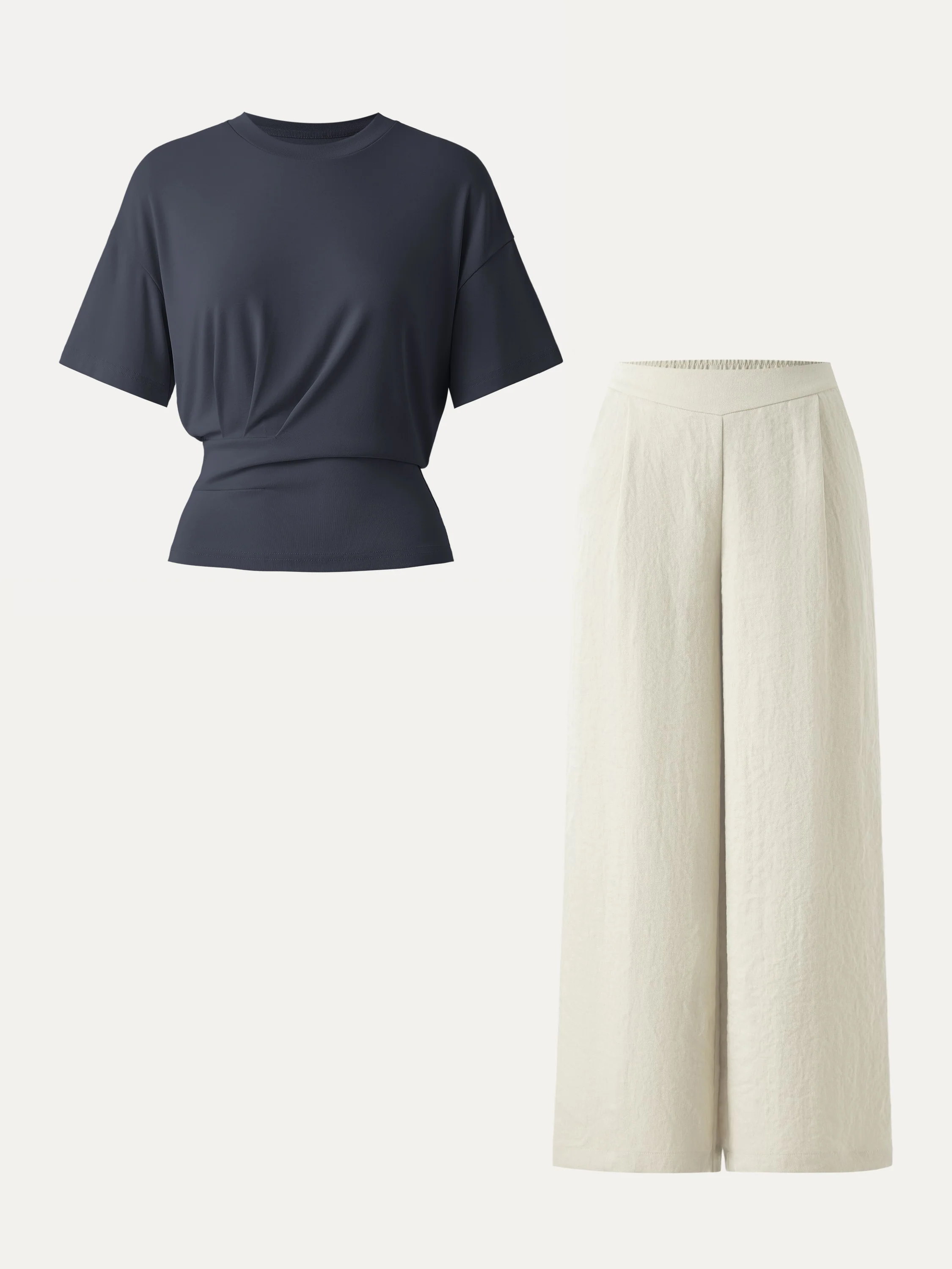 2Pcs Set Sandwashed Crewneck Short Sleeve Tee & Linen Mid Rise Wide Leg Pant with Pockets