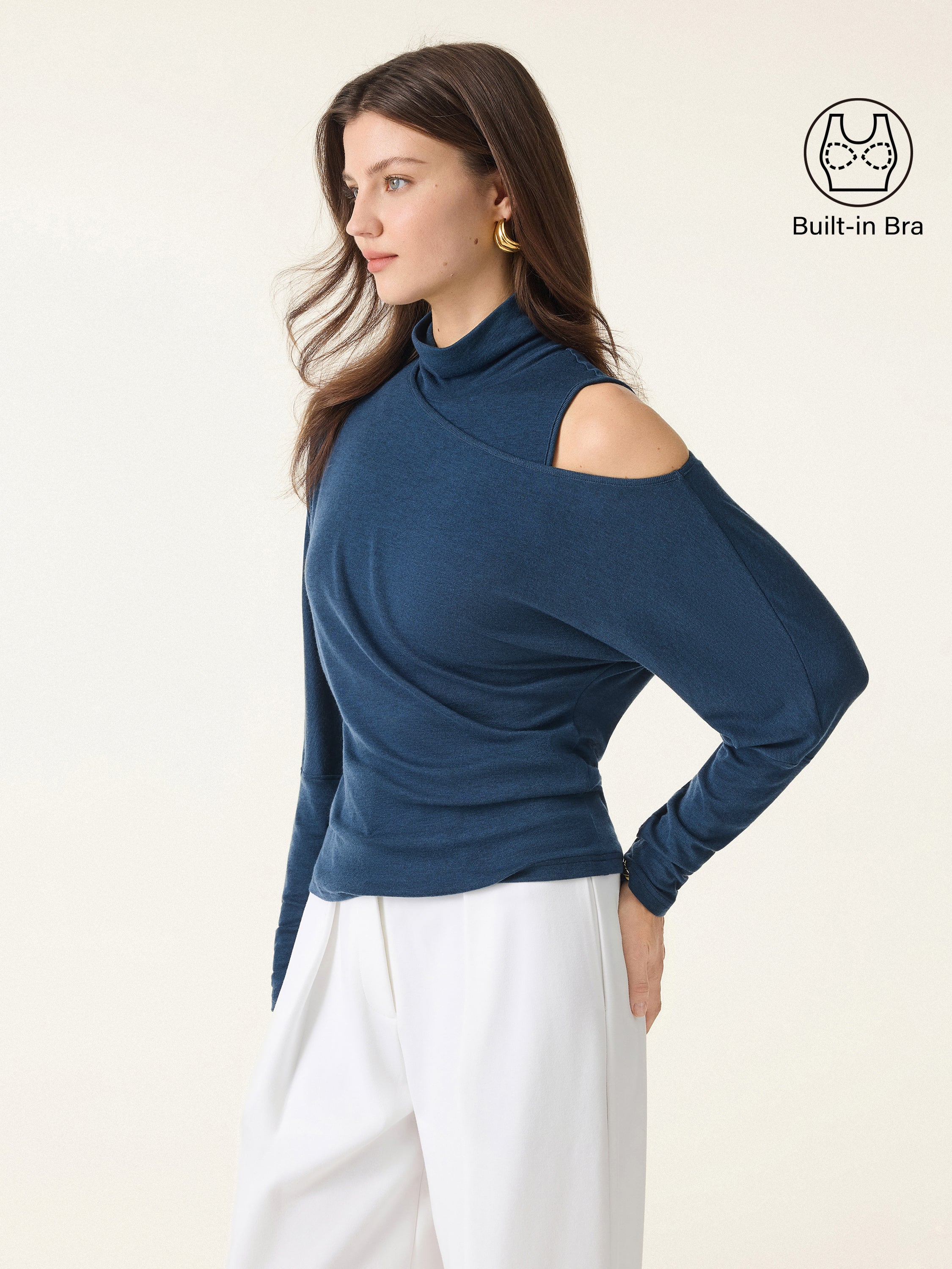 2Pcs Set Lyocell Cashmere Cold-Shoulder Semi-Sheer Top & Turtleneck Brami Tank