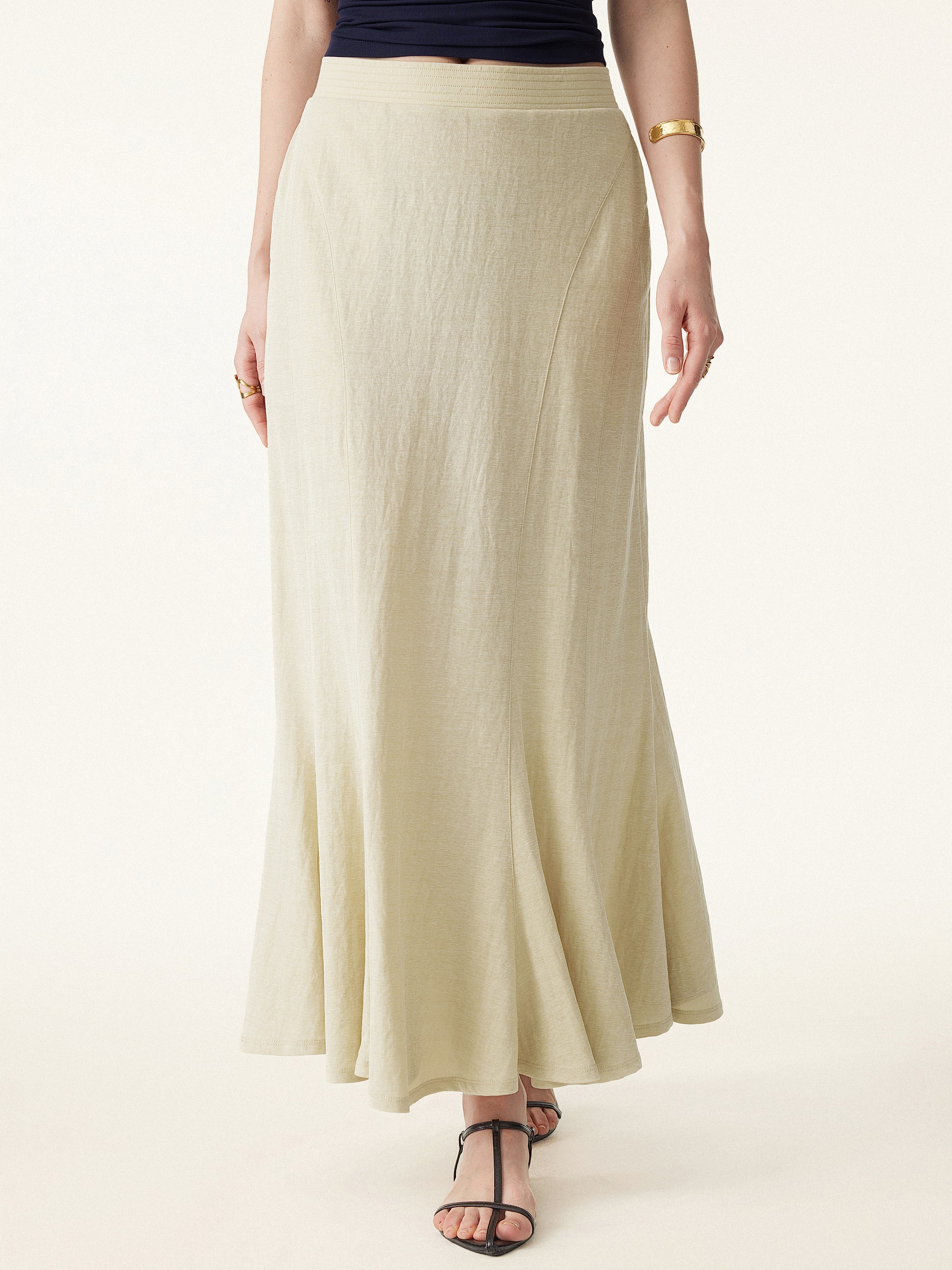 Wrinkle-resistant Cotton Linen Pull-on Midi Skirt