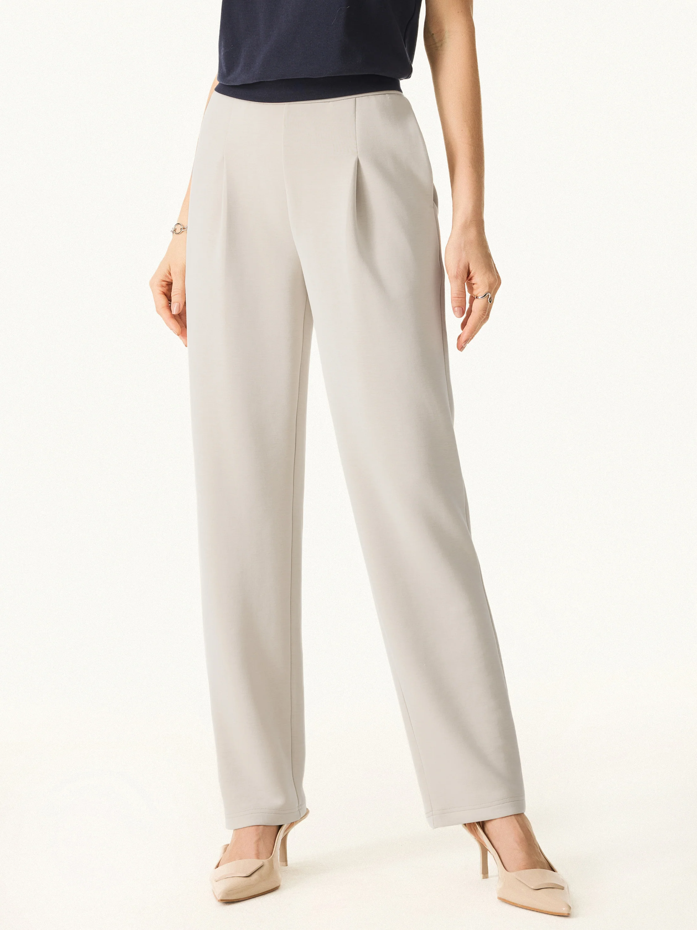 2Pcs Set Crewneck 3/4 Sleeve Top & Mid Rise Straight Leg Pull-on Trousers with Pockets