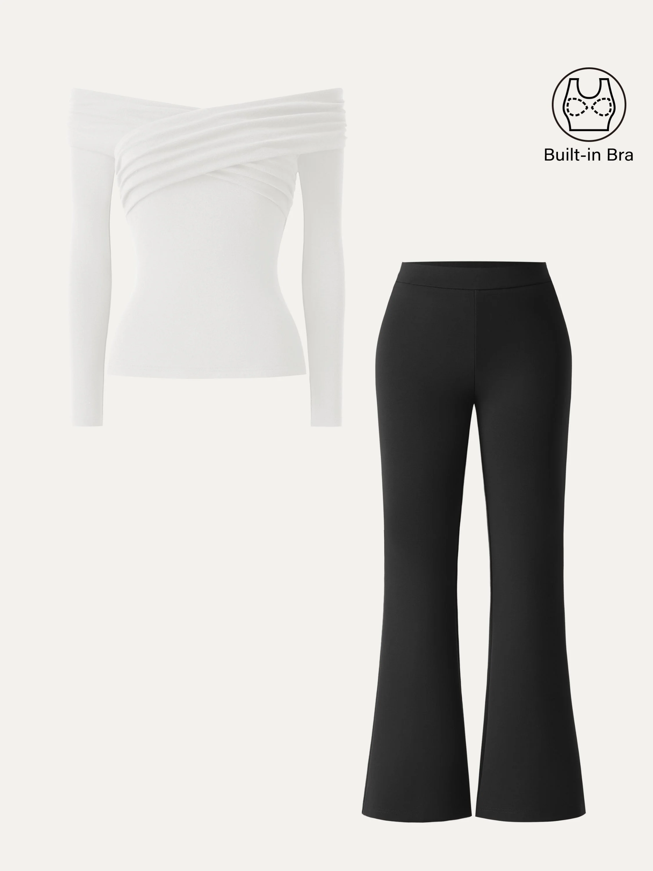 2Pcs Set Criss Cross Off-Shoulder Brami & High Rise Pull-on Flared Petite Pants