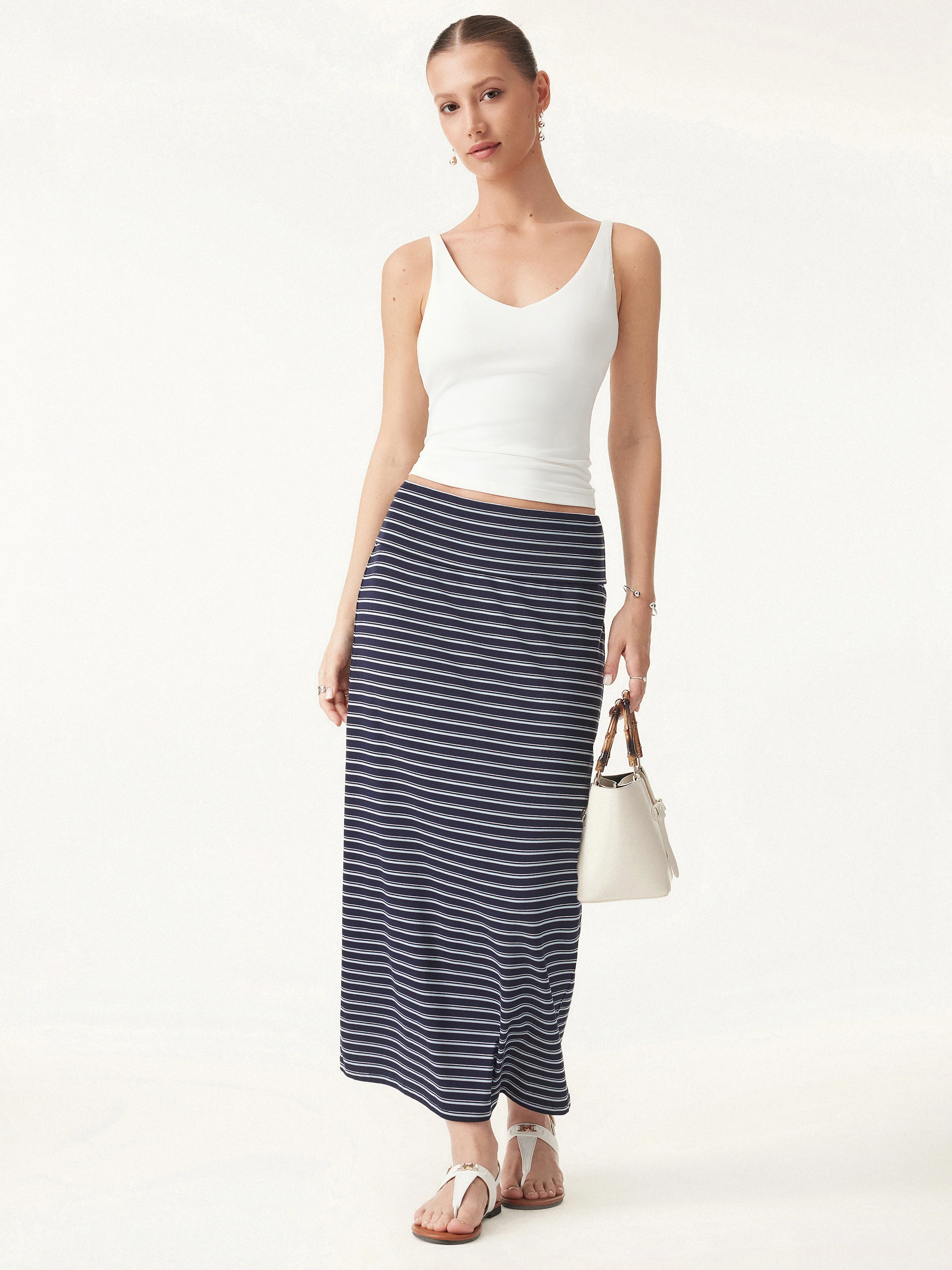 Low Rise Folded Waist Striped Mid-length Skirt