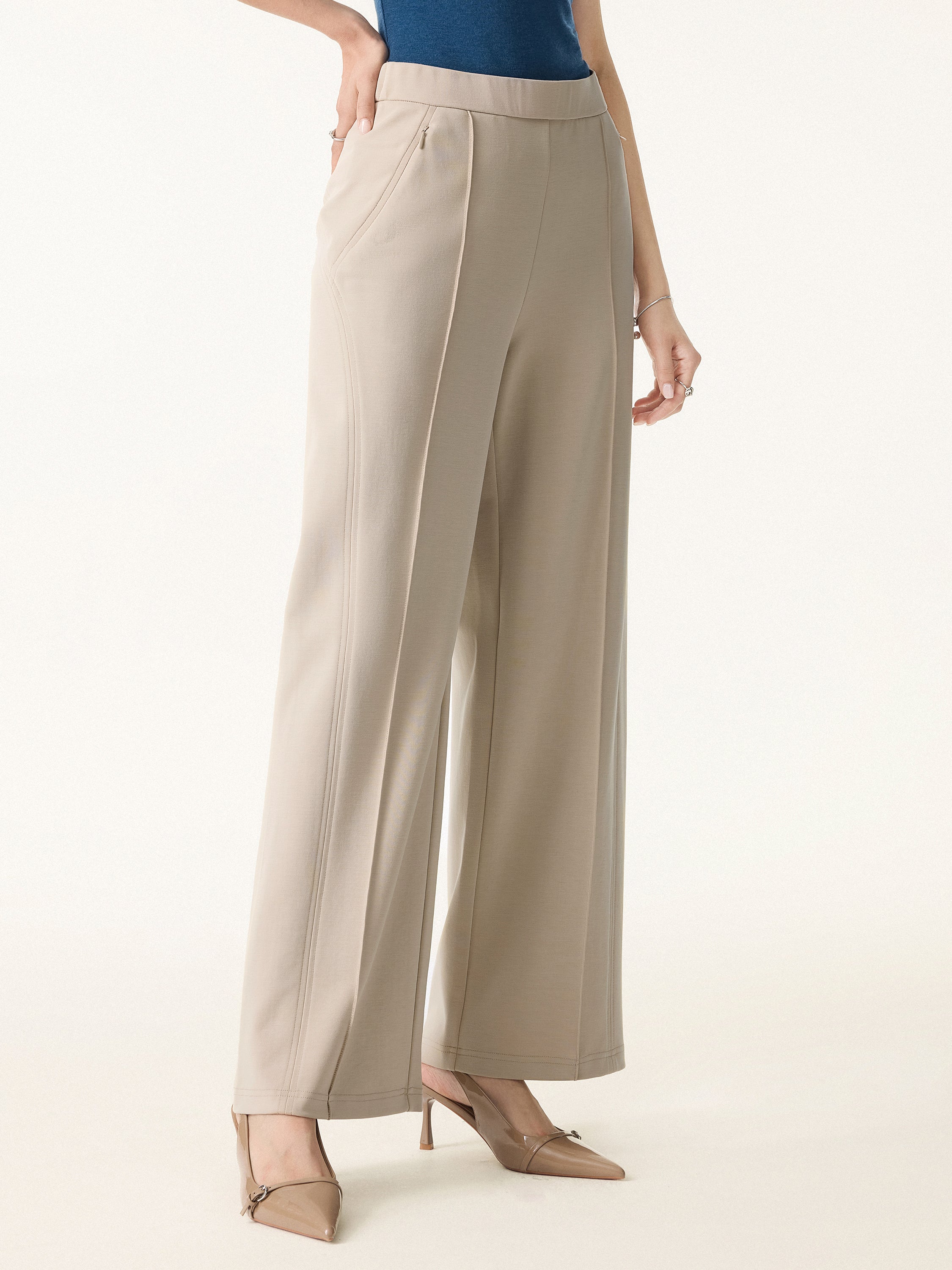Wrinkle-Resistant Mid Rise Wide Leg Pants with Pockets
