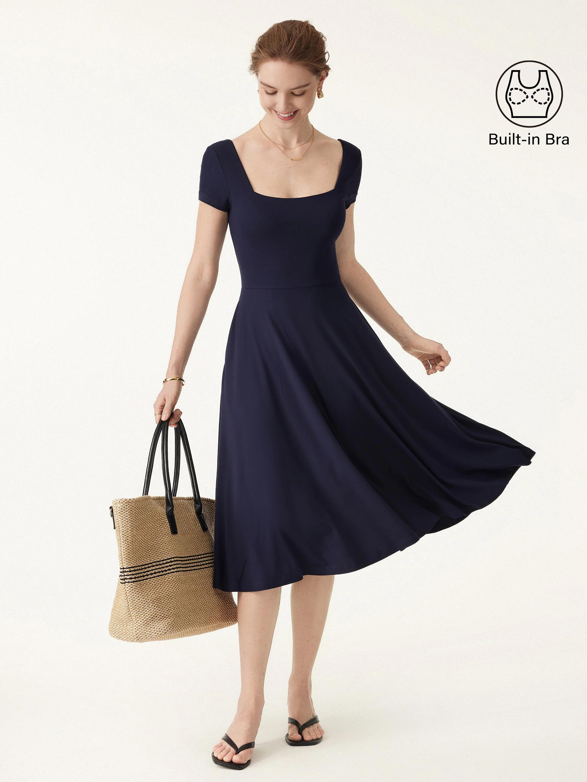 Flowy Square Neck Short Sleeve Midi Brami Dress