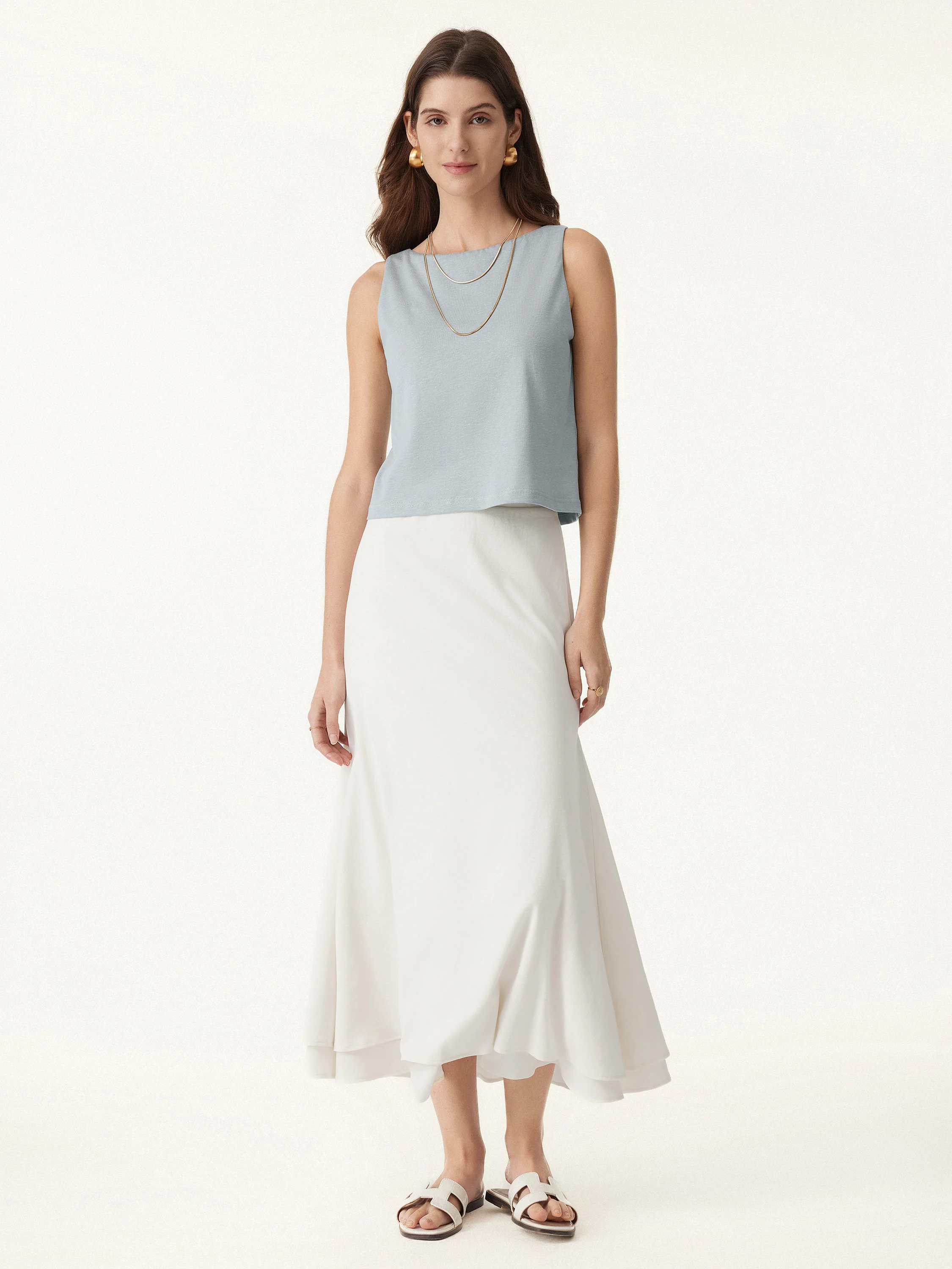 Flowy Cotton-linen Midi Flared Skirt