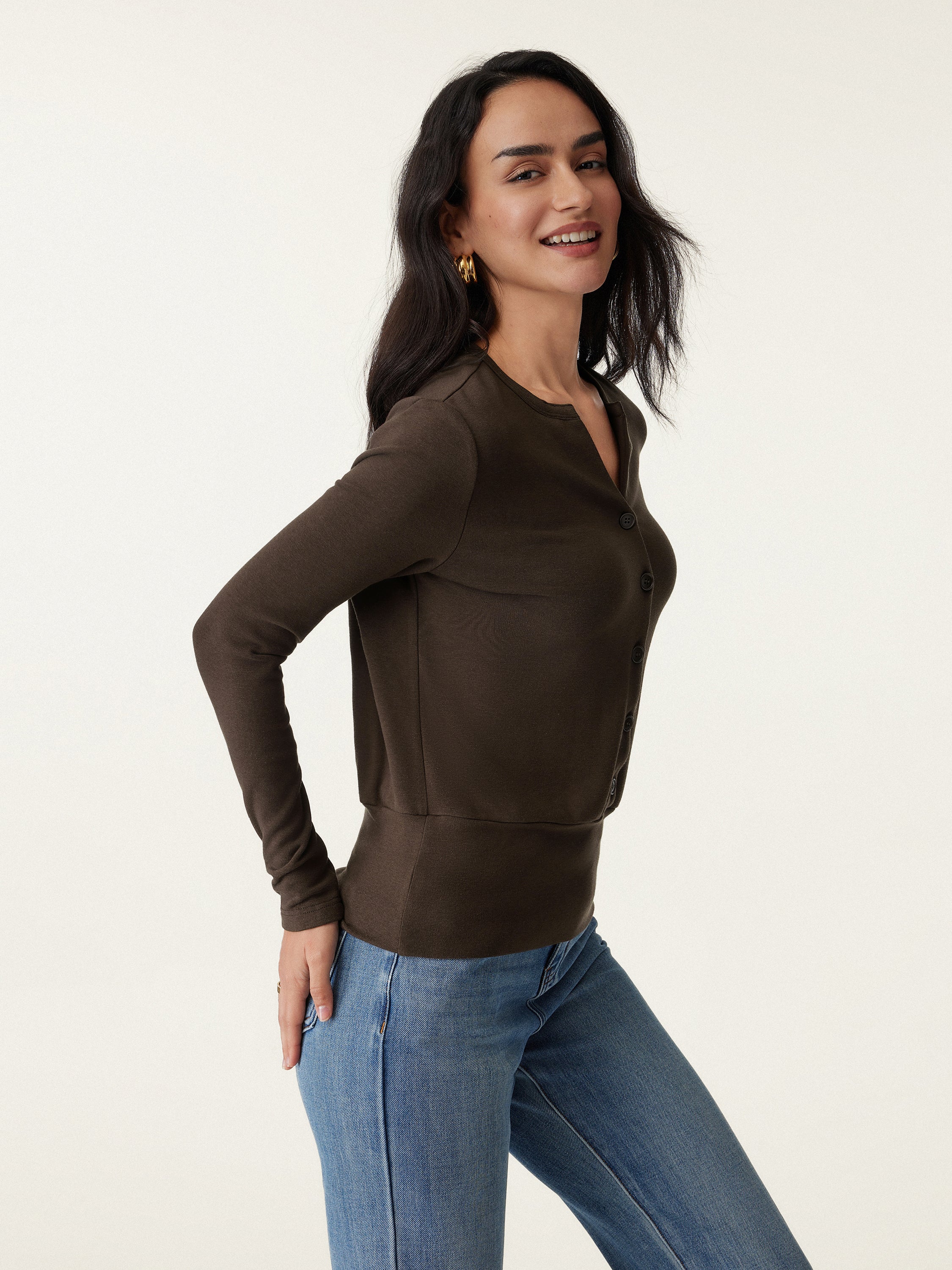 V-Neck Long Sleeve Half-Placket Top
