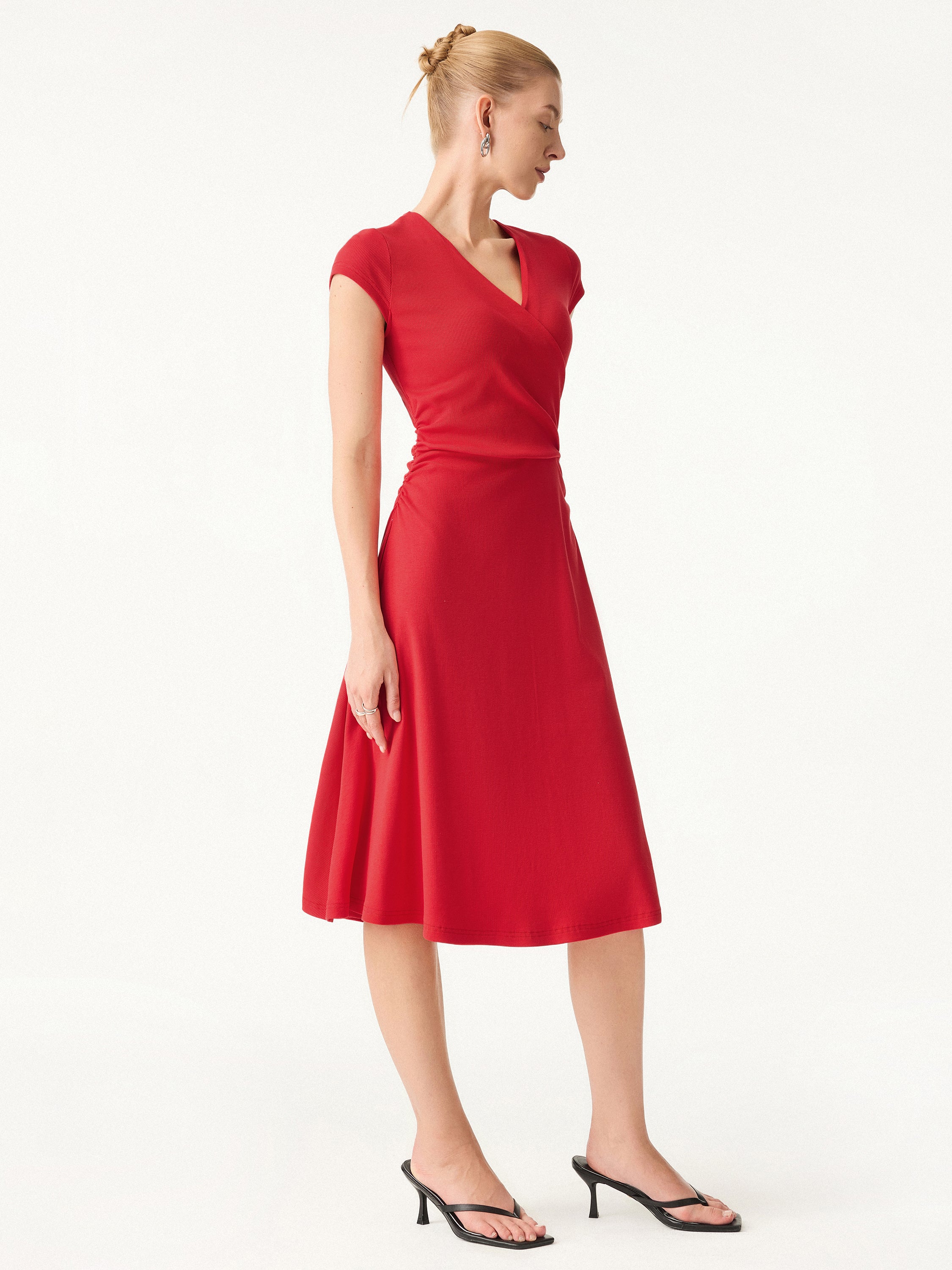 Stretch Cotton Surplice V-neck Cap Sleeve Midi Dress