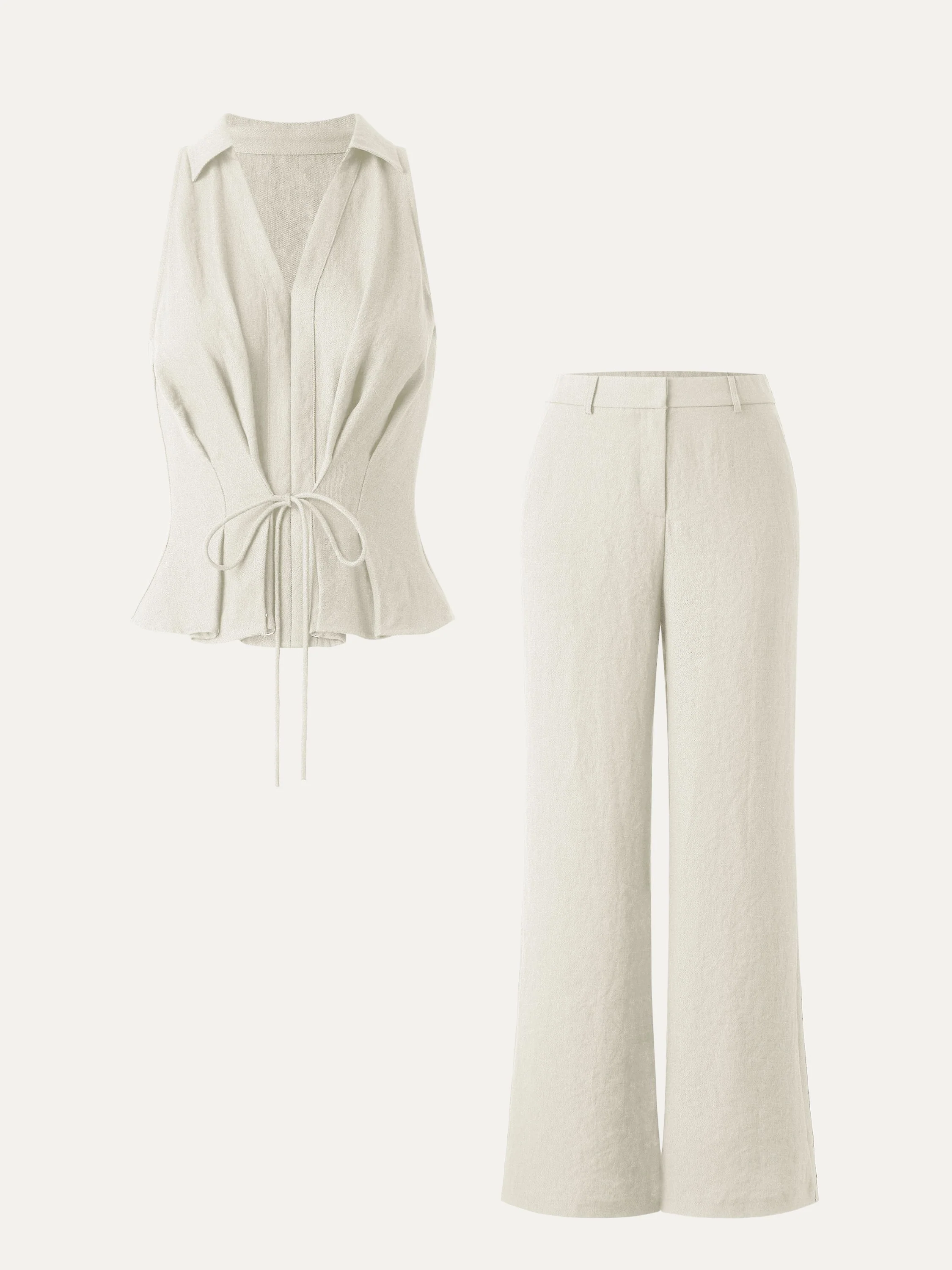 2-Piece Set: Collared V-Neck Sleeveless Top and Mid-Rise Flared Pants with Pockets
