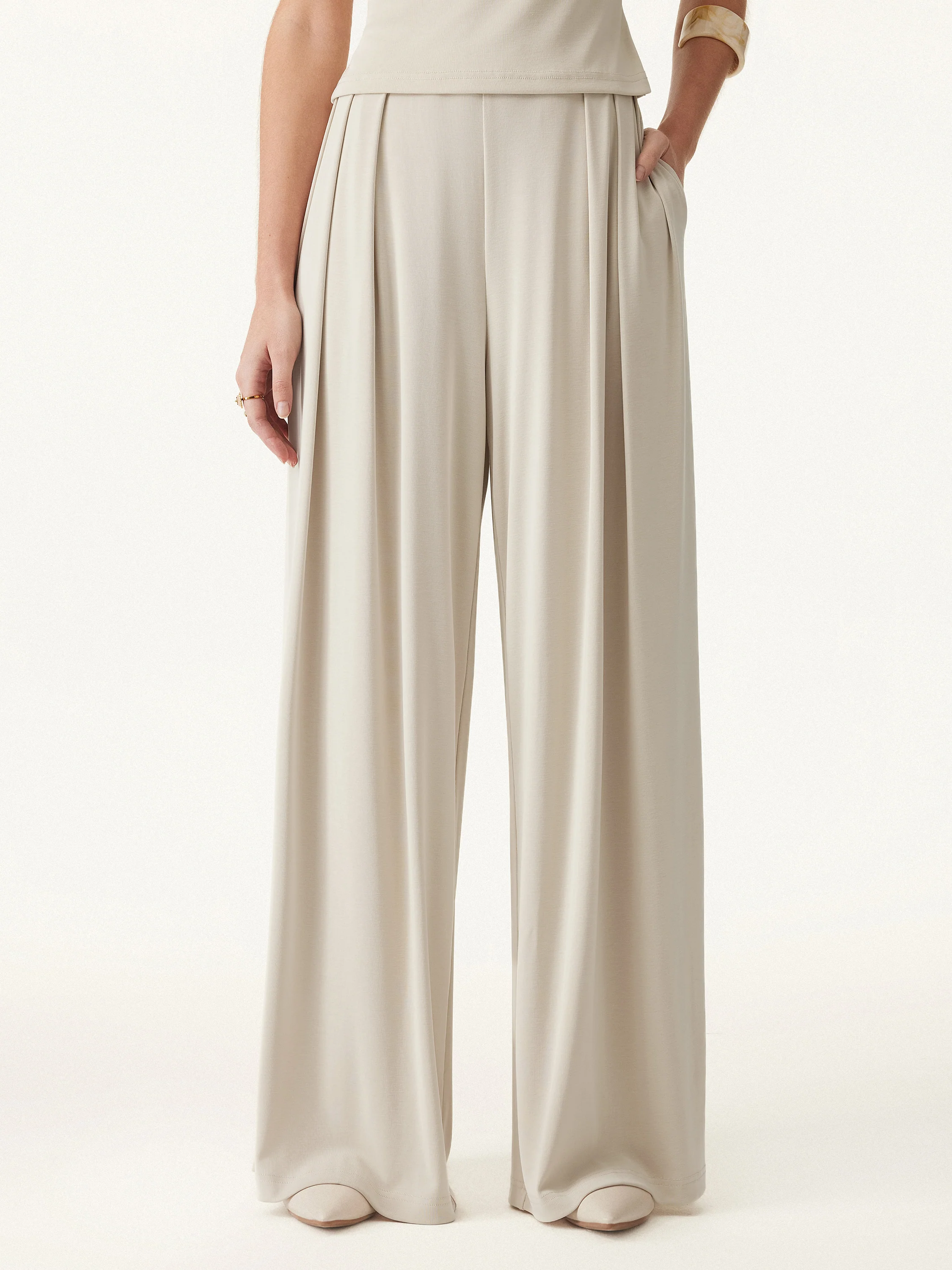 Sand-washed Mid-rise Pleated Wide-leg Palazzo Pants with Pockets
