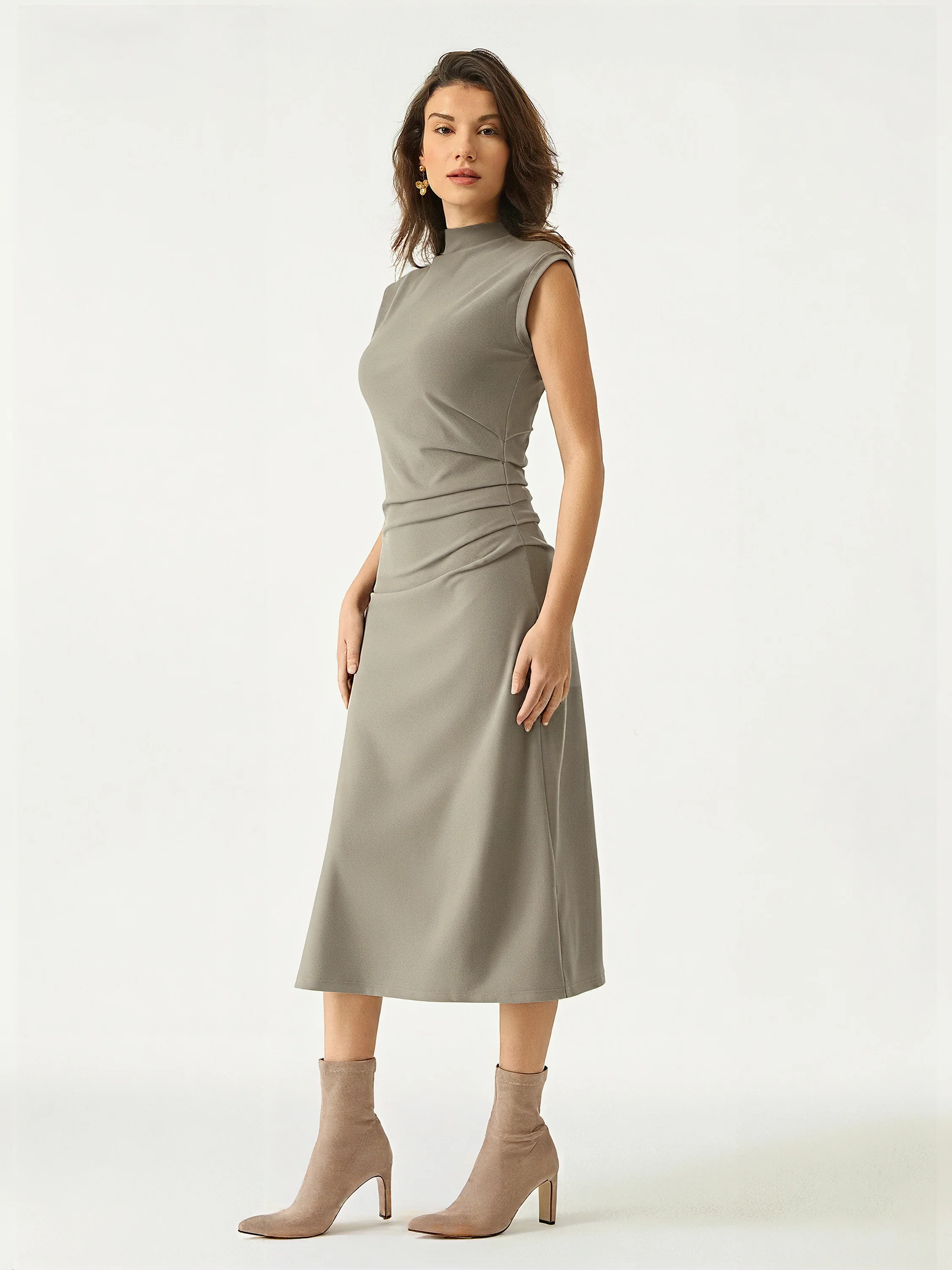 Mock Neck Tucked Midi Dress