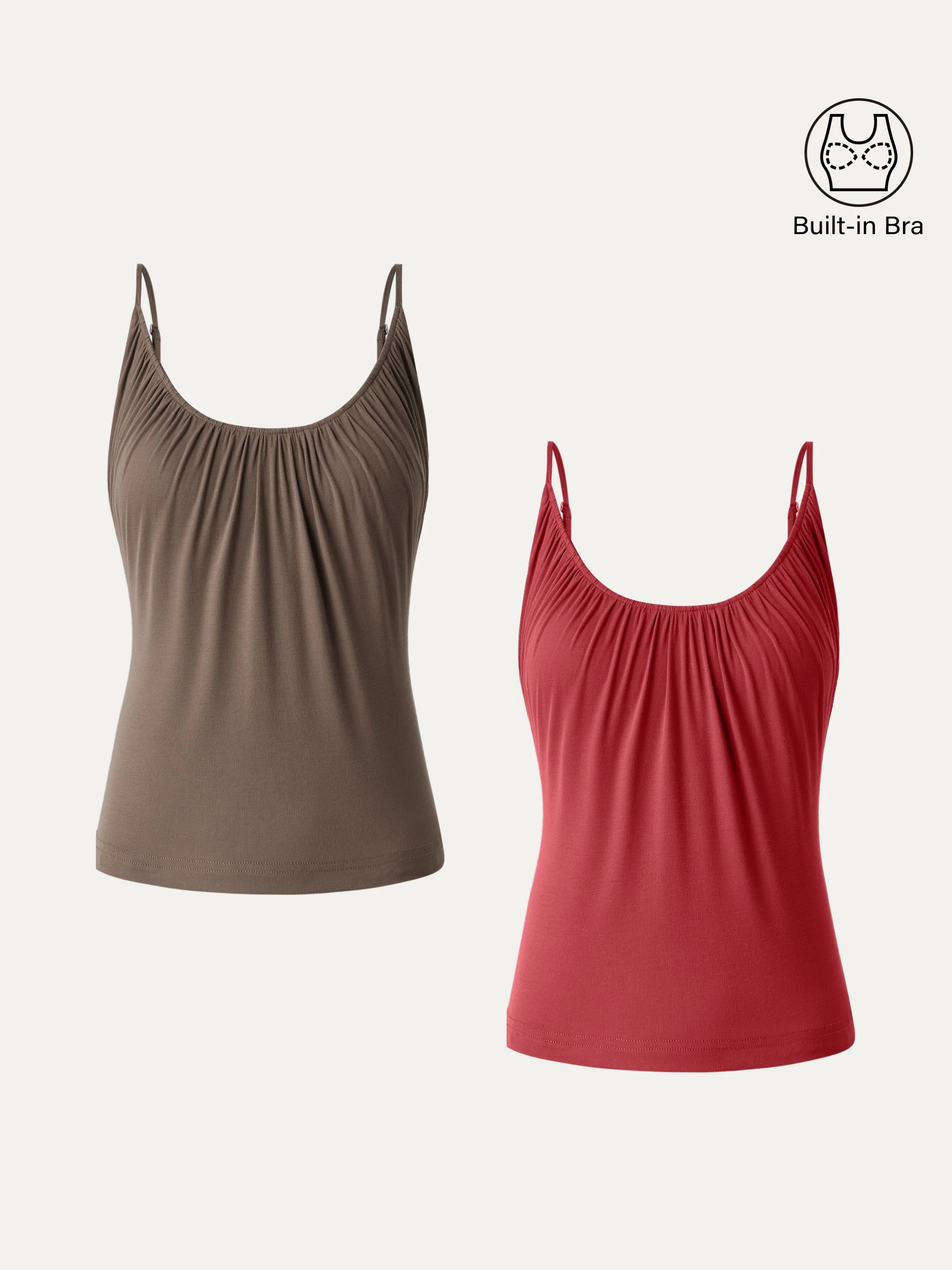 2-Piece Set Hip-Length Scoop Neck Gathered Spaghetti Strap Top