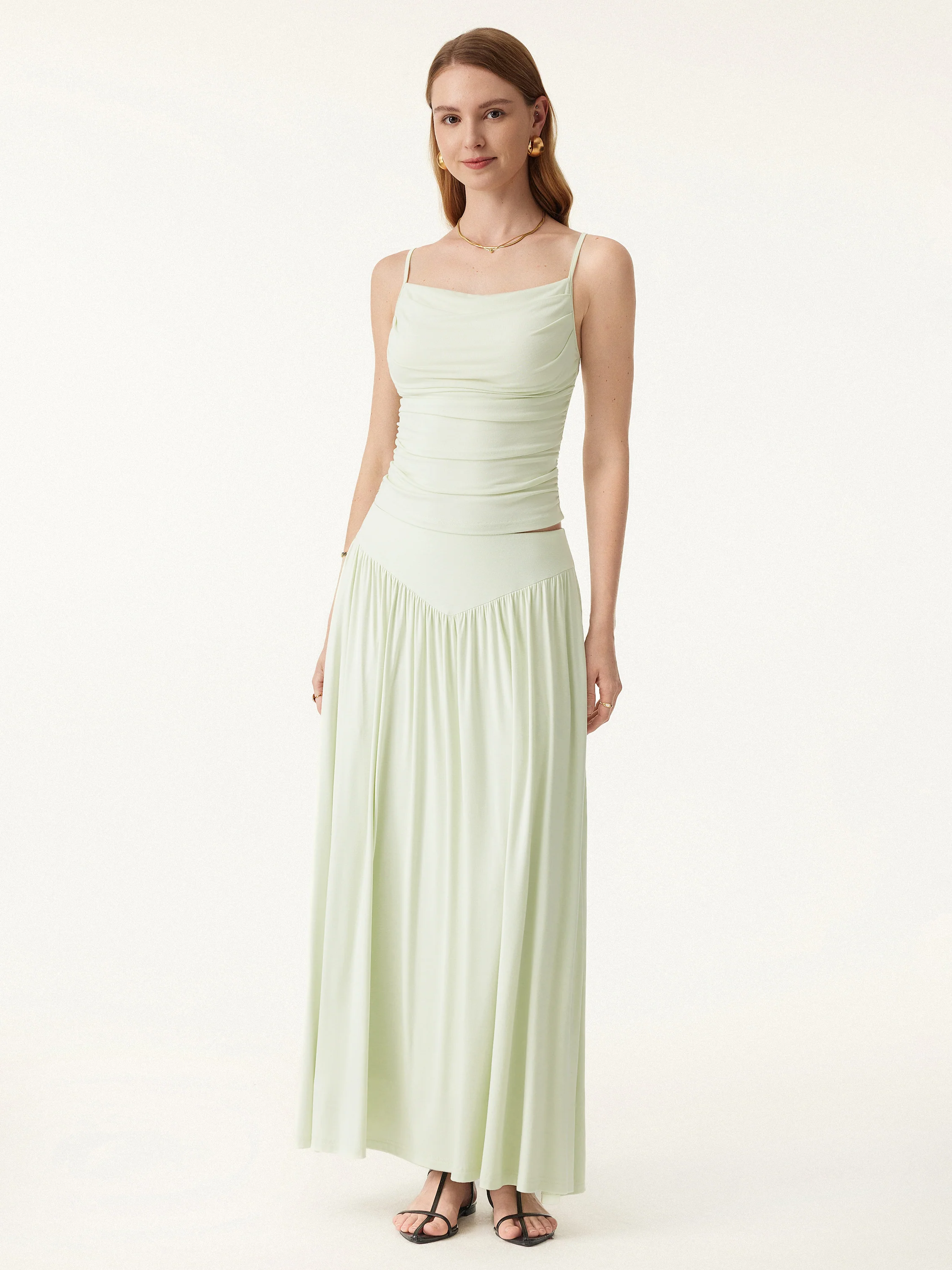 2Pcs Set Adjustable Spaghetti Straps Brami & V-shape Maxi Skirt with Pockets