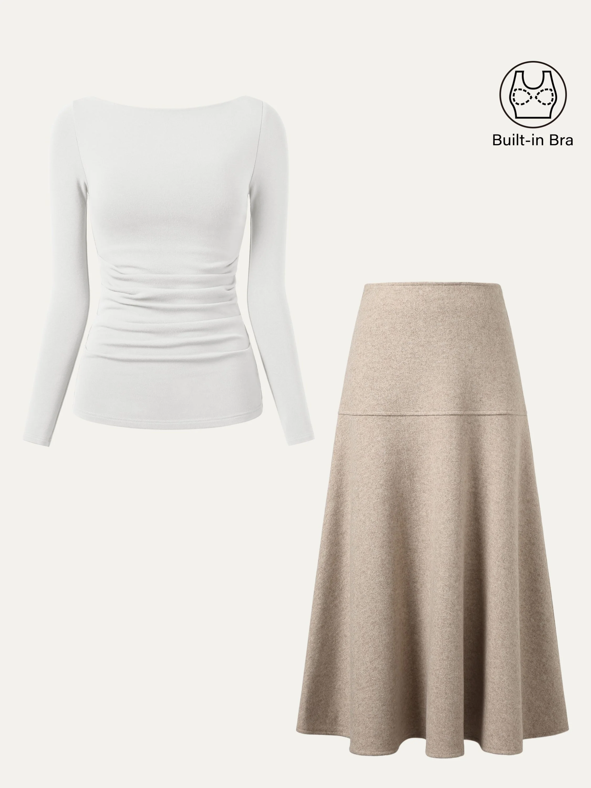 2-Piece Set: Boatneck Tucked Bra Top & Flared Maxi Skirt