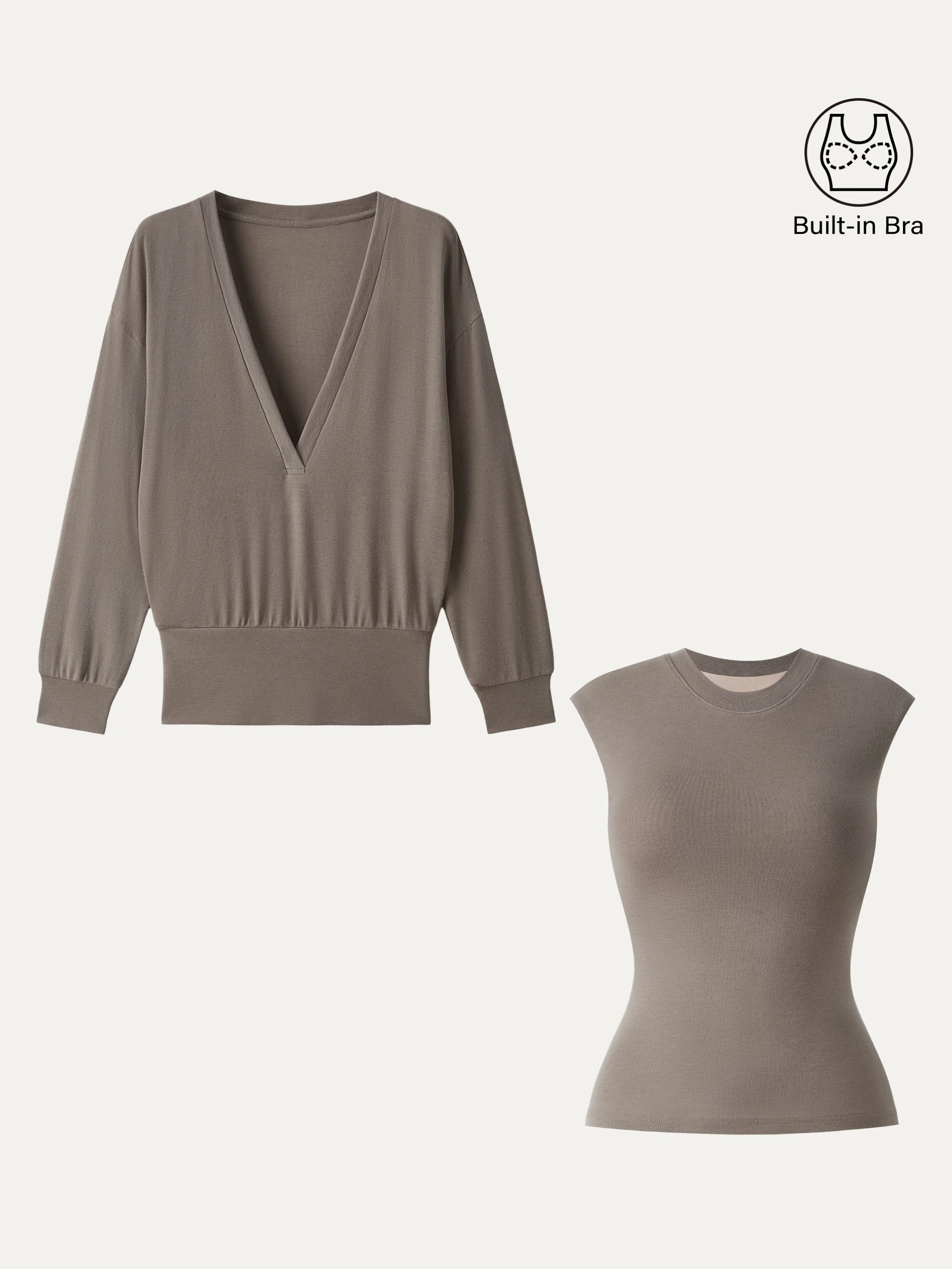 2Pcs Set Lyocell Cashmere V-neck Drop Shoulder Top & Crew Neck Wide Shoulder Brami