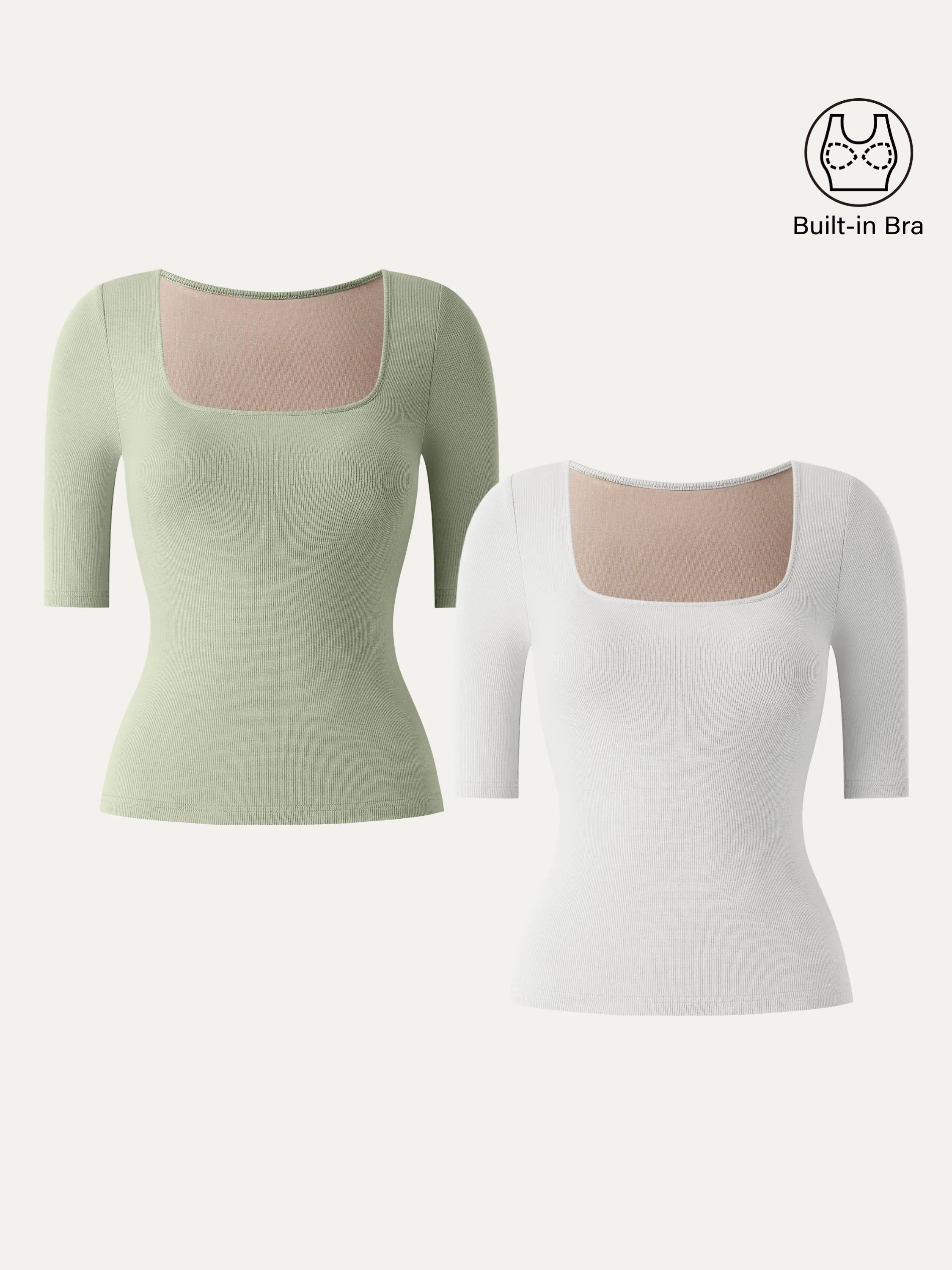 Essential Stretch Cotton Square Neck Elbow Length Sleeve Brami