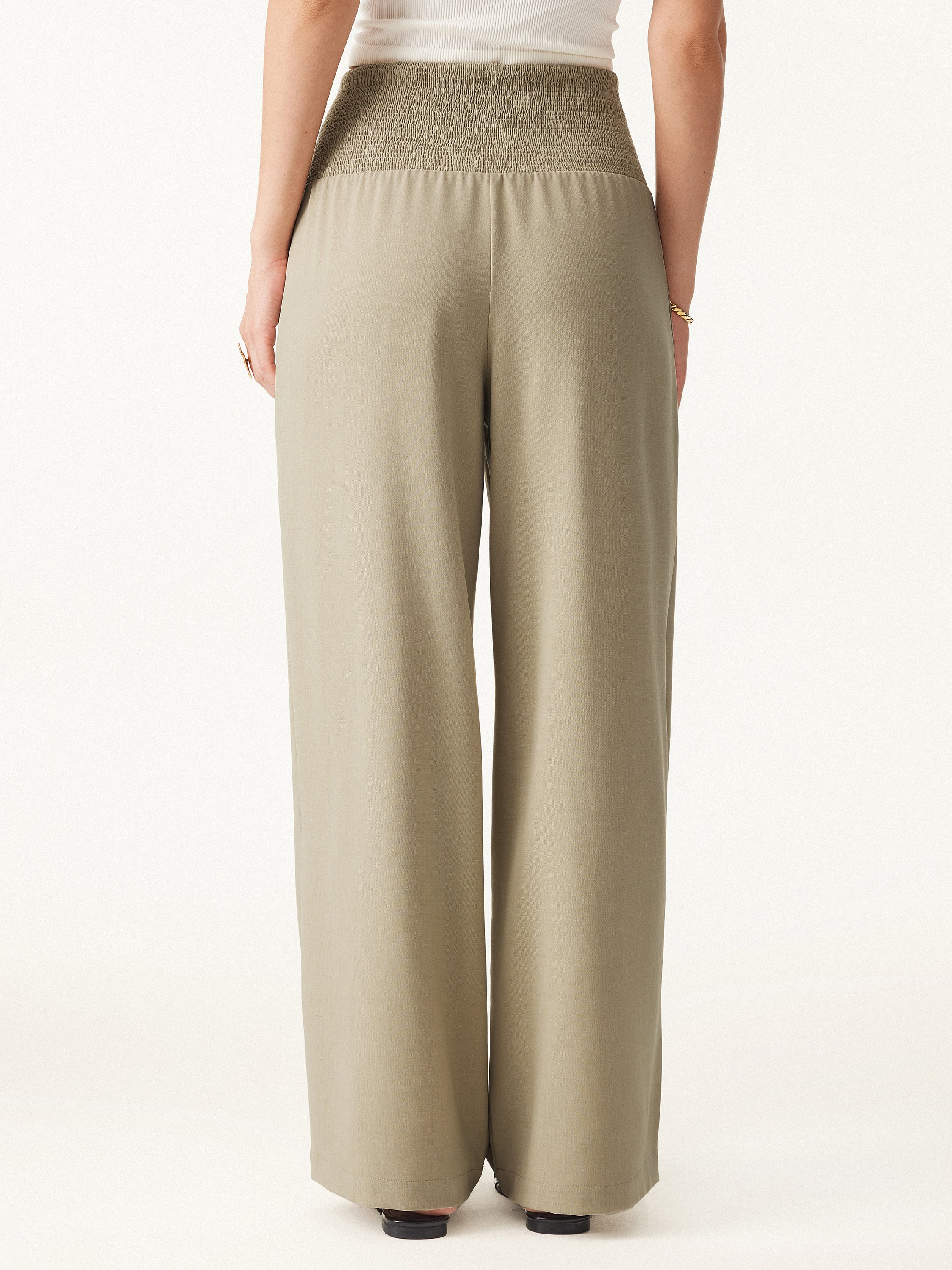 Wrinkle-resistant Tencel Linen Mid-rise Smocked Wide-leg Pant with Pockets