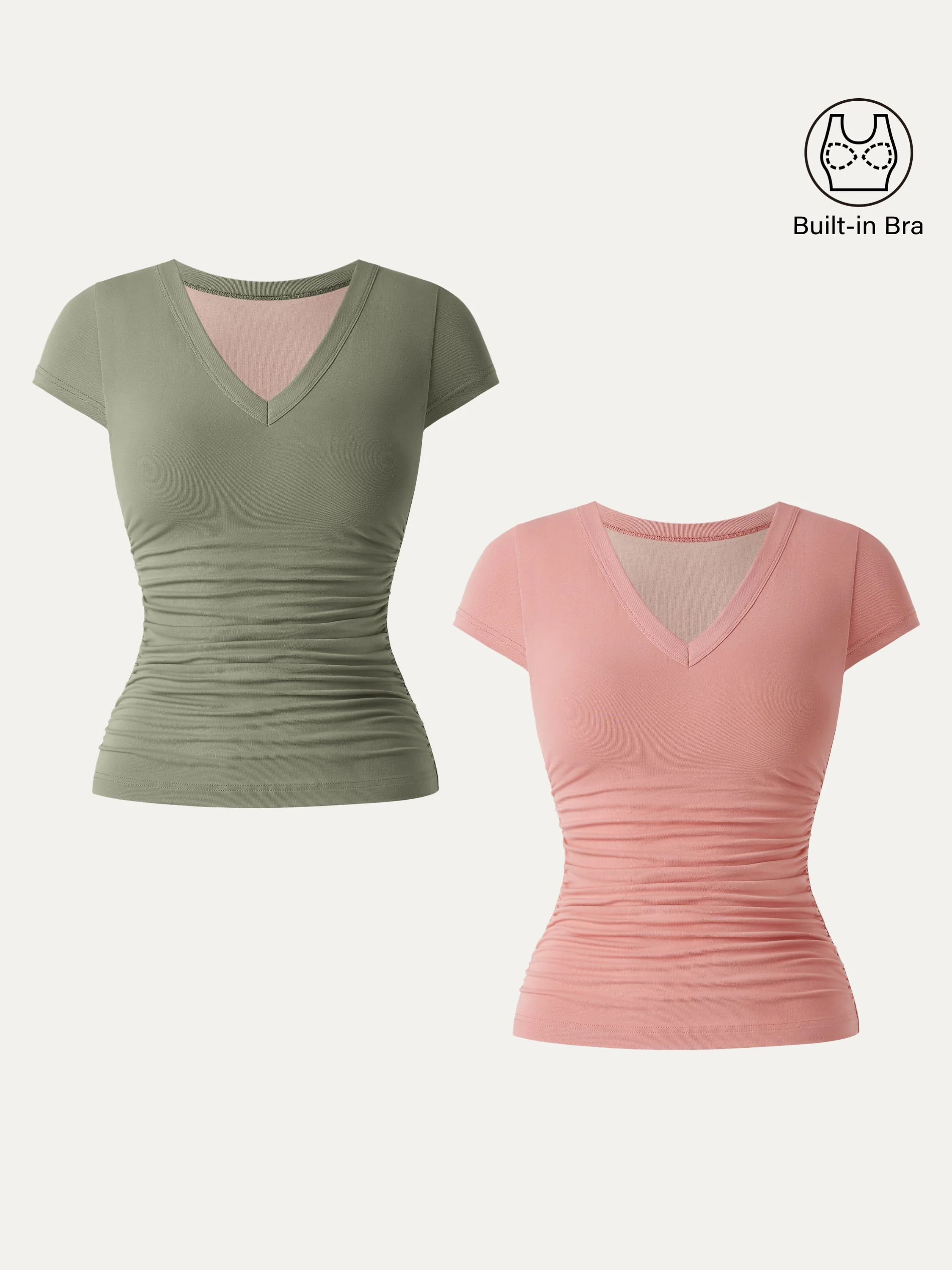2-Piece Set Elevated V-Neck Side-Ruched Cap-Sleeve Bra Tee