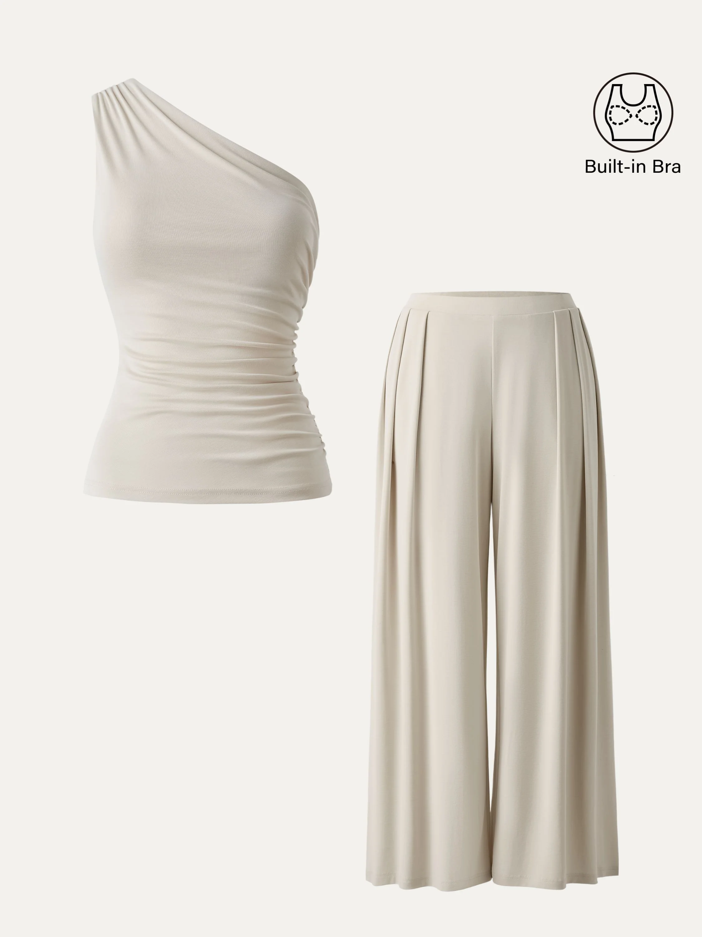 2-Piece Set of Sandwashed Ruched Bra and Mid-Rise Wide-Leg Palazzo Pants with Pockets