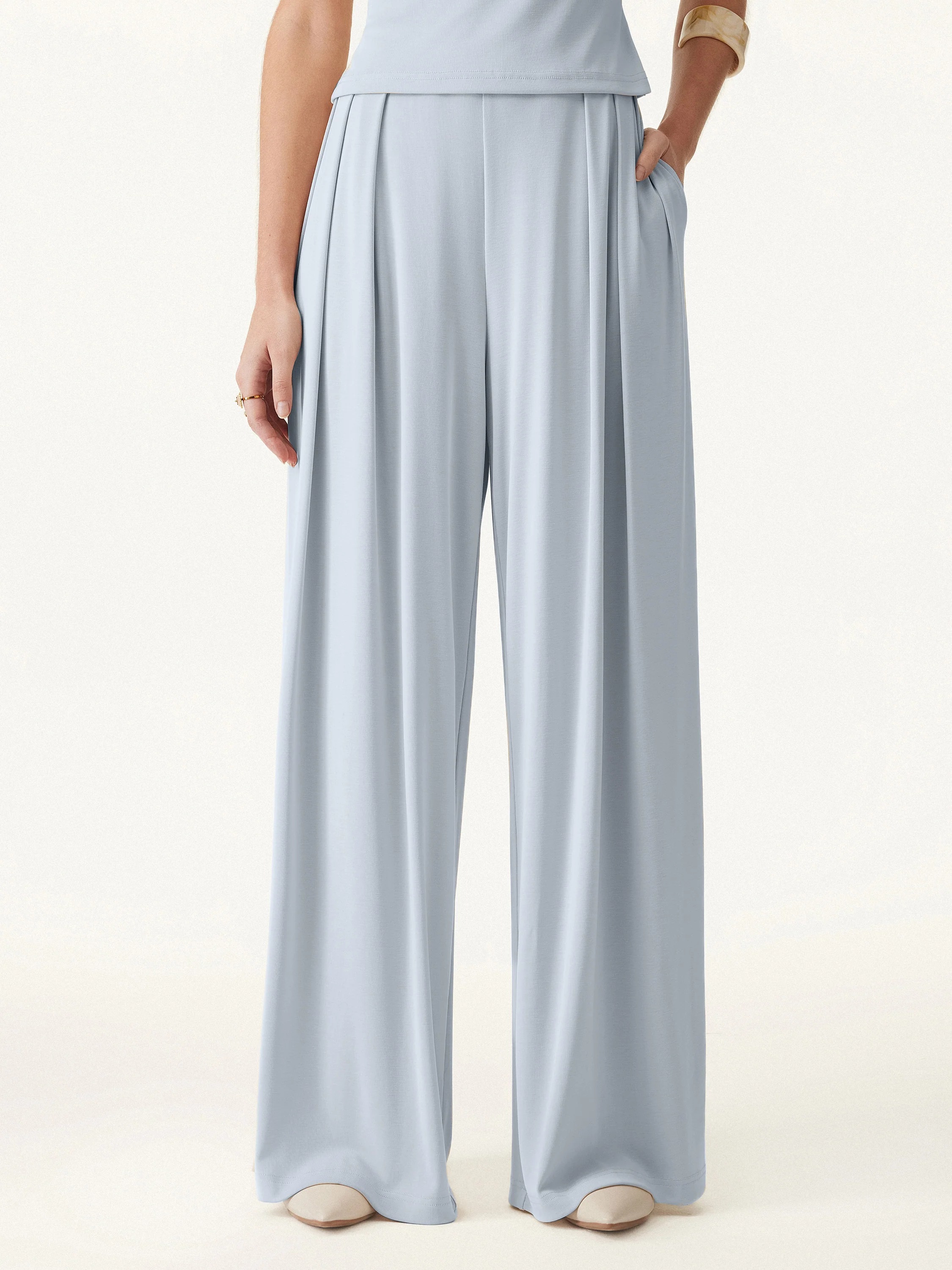 Sand-washed Mid-rise Pleated Wide-leg Palazzo Pants with Pockets