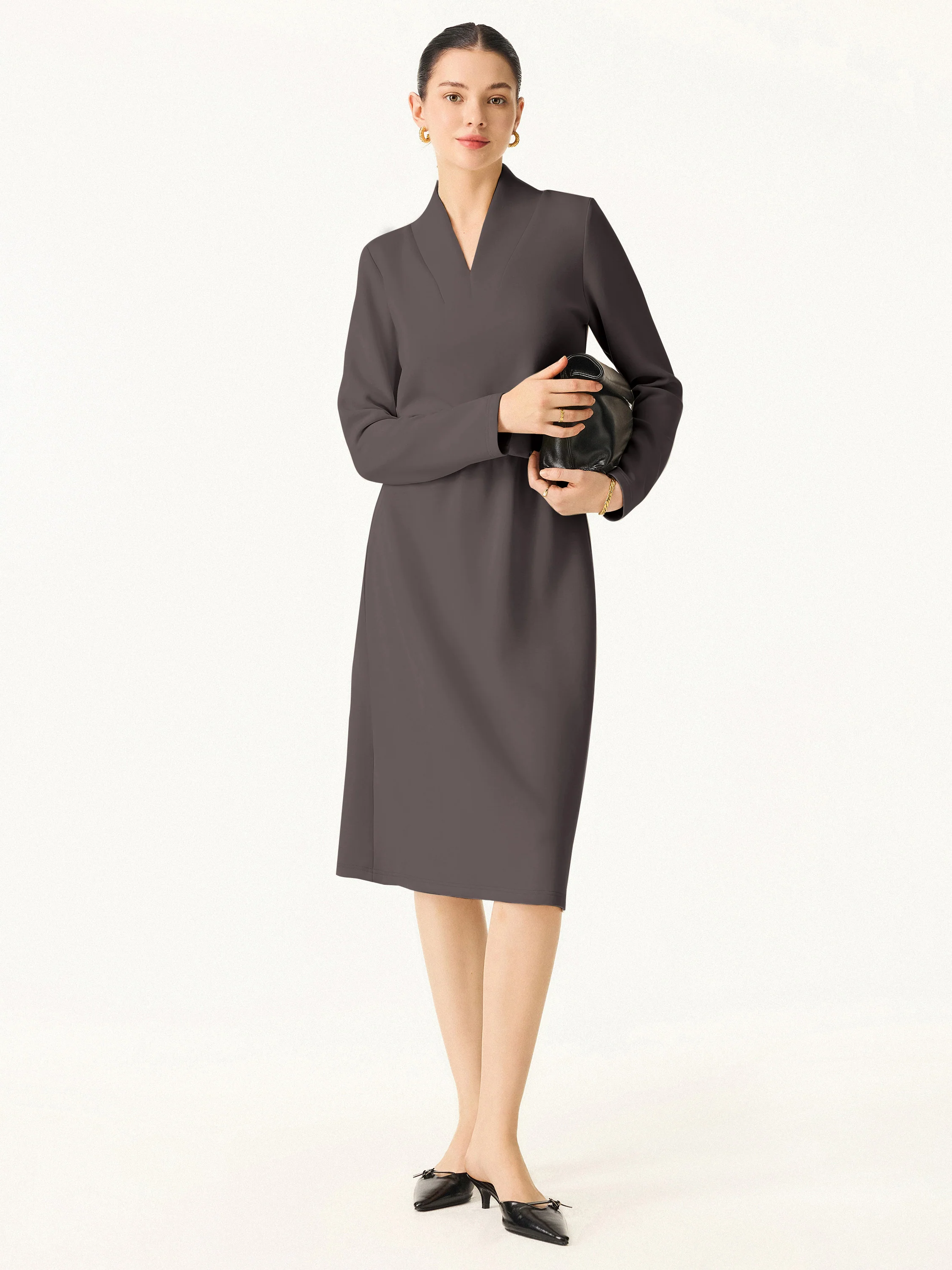 Elevated V-neck Long-sleeve Cinched Midi Dress