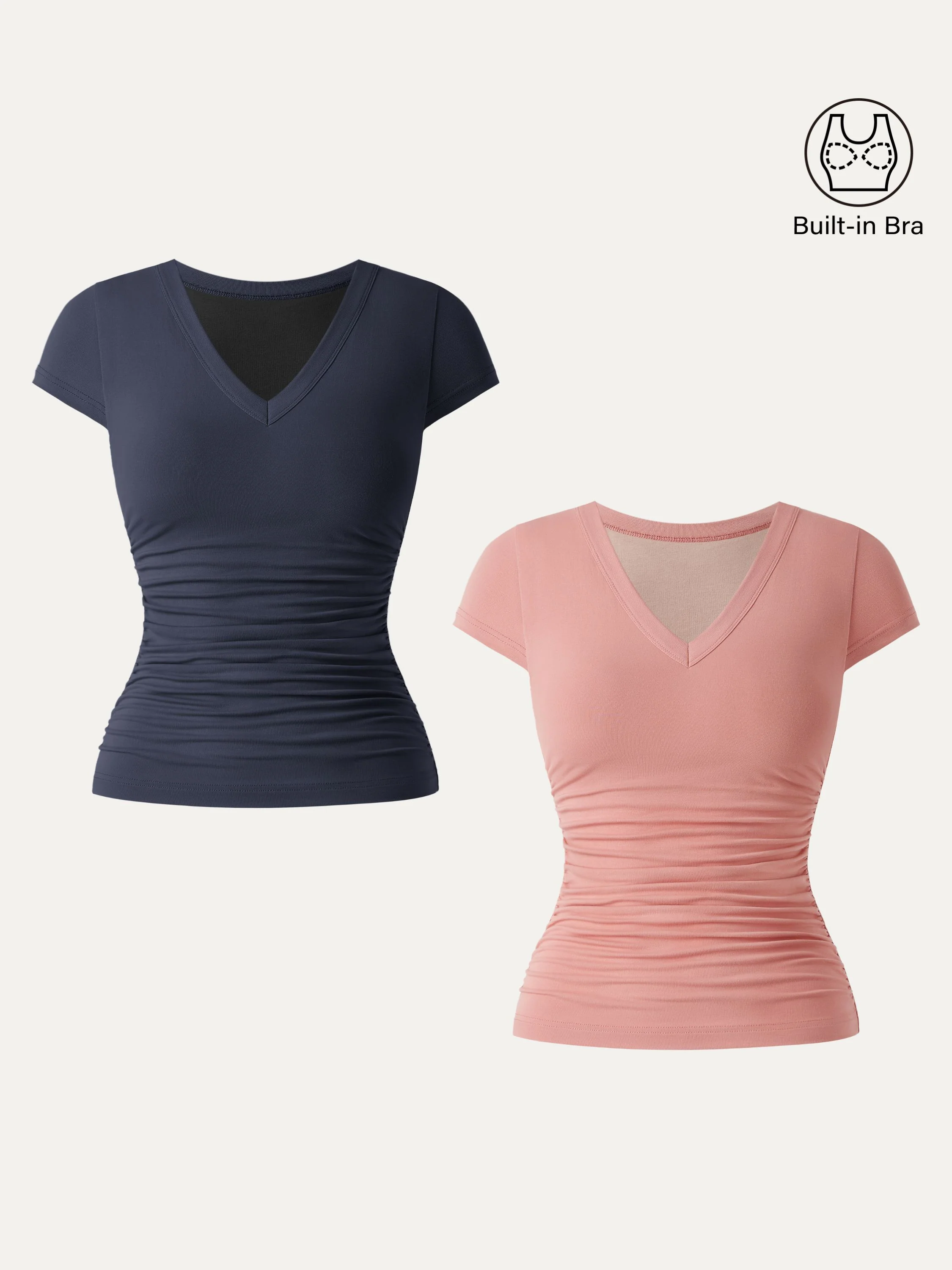 2-Piece Set Elevated V-Neck Side-Ruched Cap-Sleeve Bra Tee