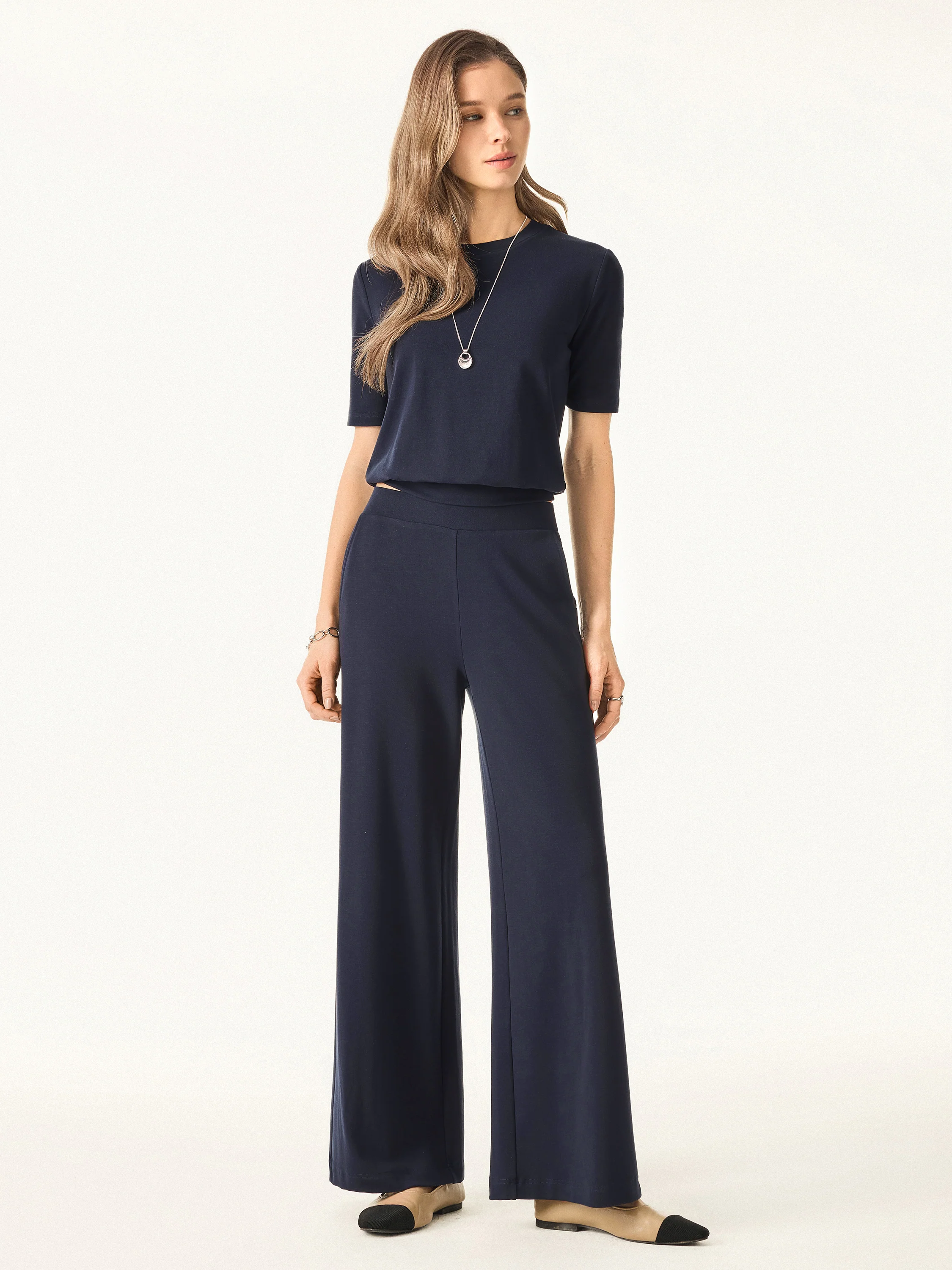 Lyocell Wool Mid Rise Wide Leg Pull-on Pants with Pockets