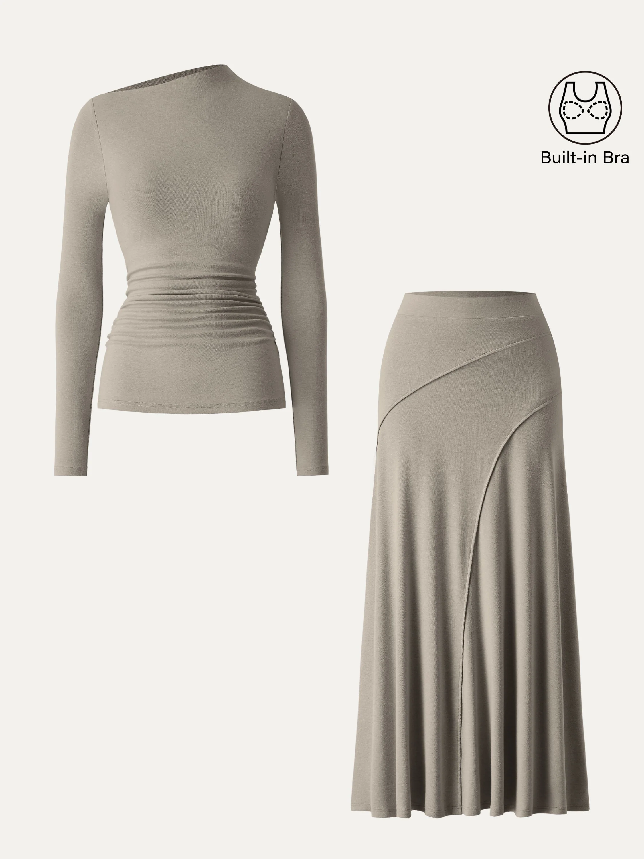 2-Piece Set: Slanted Mockneck Ruched Bra Top & Mid-Rise Pull-On Flared Maxi Skirt