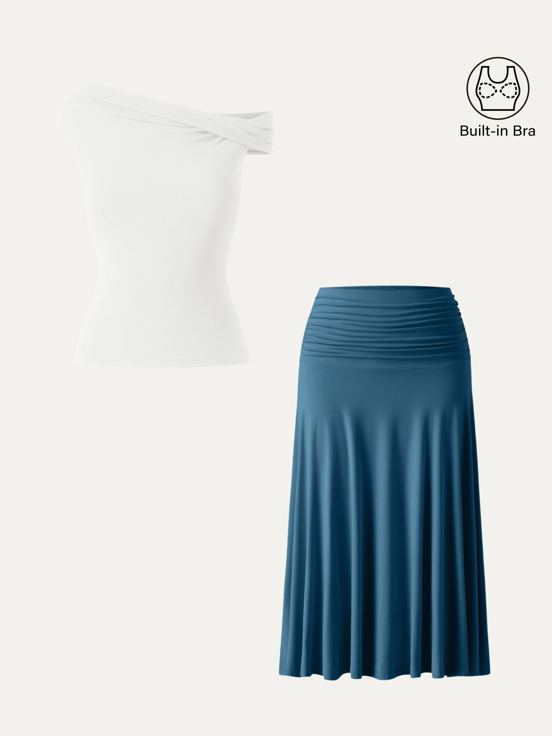 2-Piece Set: Multi-Wear Versatile Neckline Bra Top & Flowy Side-Ruched A-Line Midi Skirt