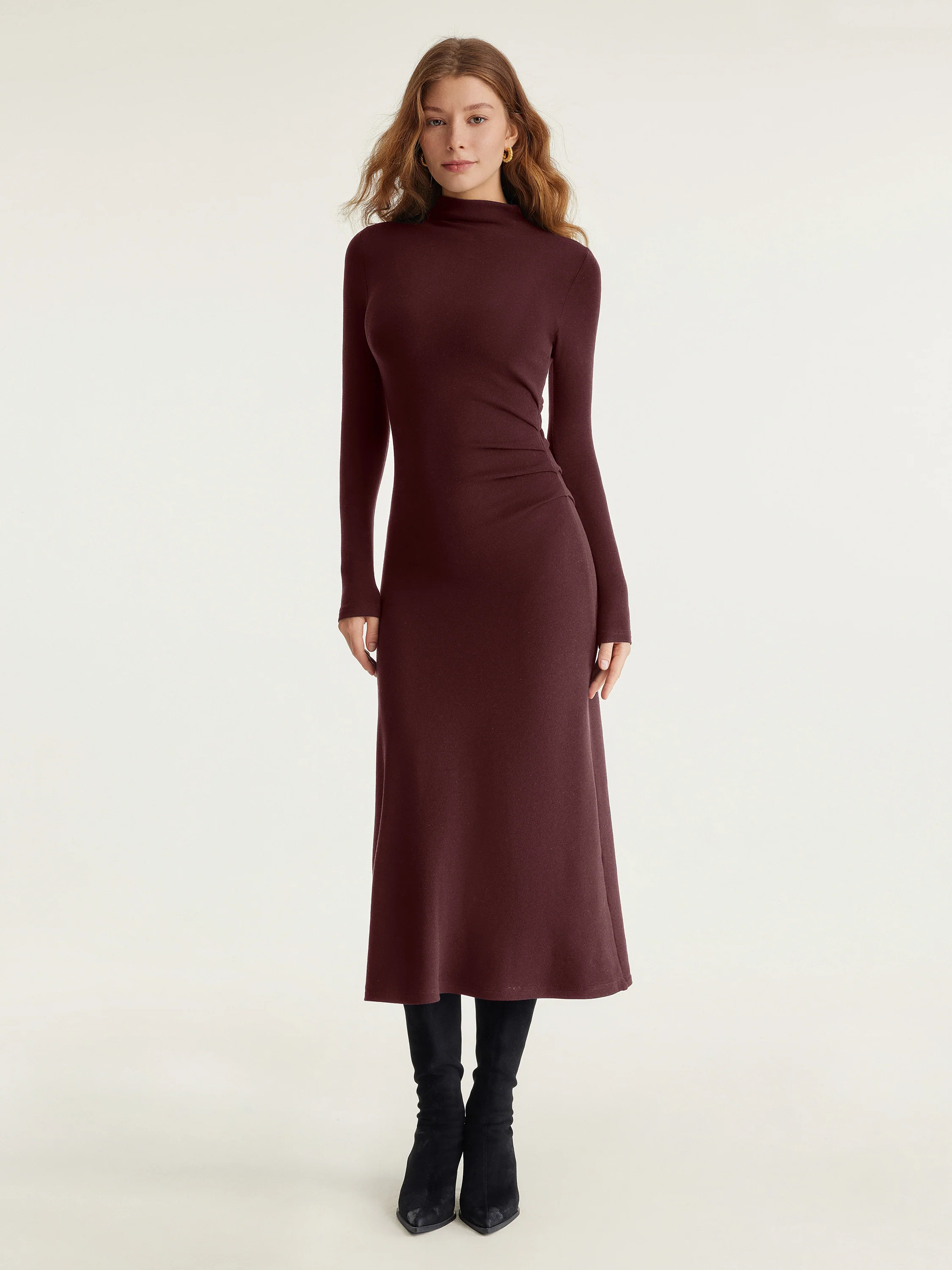 Heat Long Sleeves Mock - neck Tucked Midi Dress