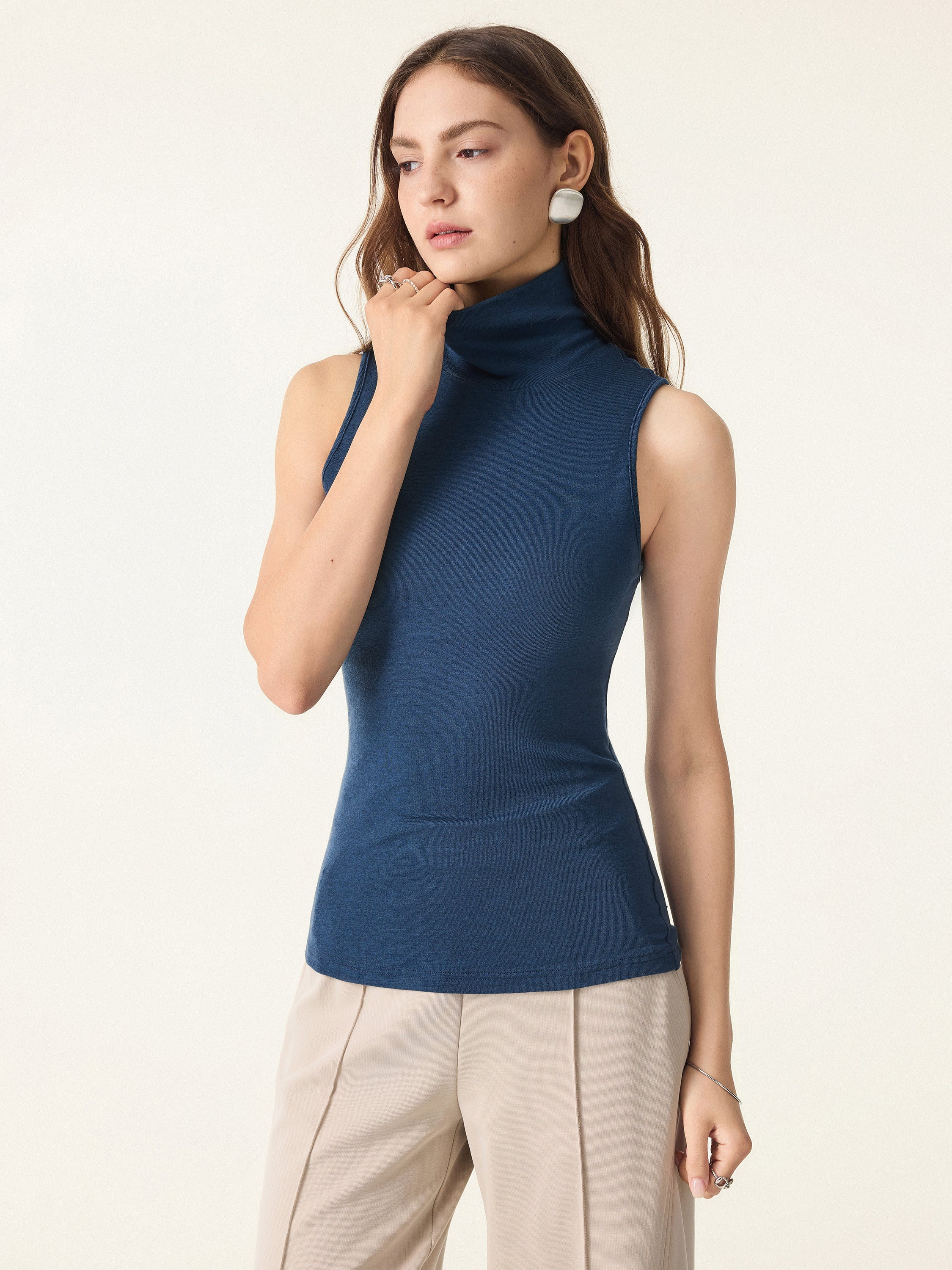 Lyocell Cashmere Sleeveless High - Neck Crop Top